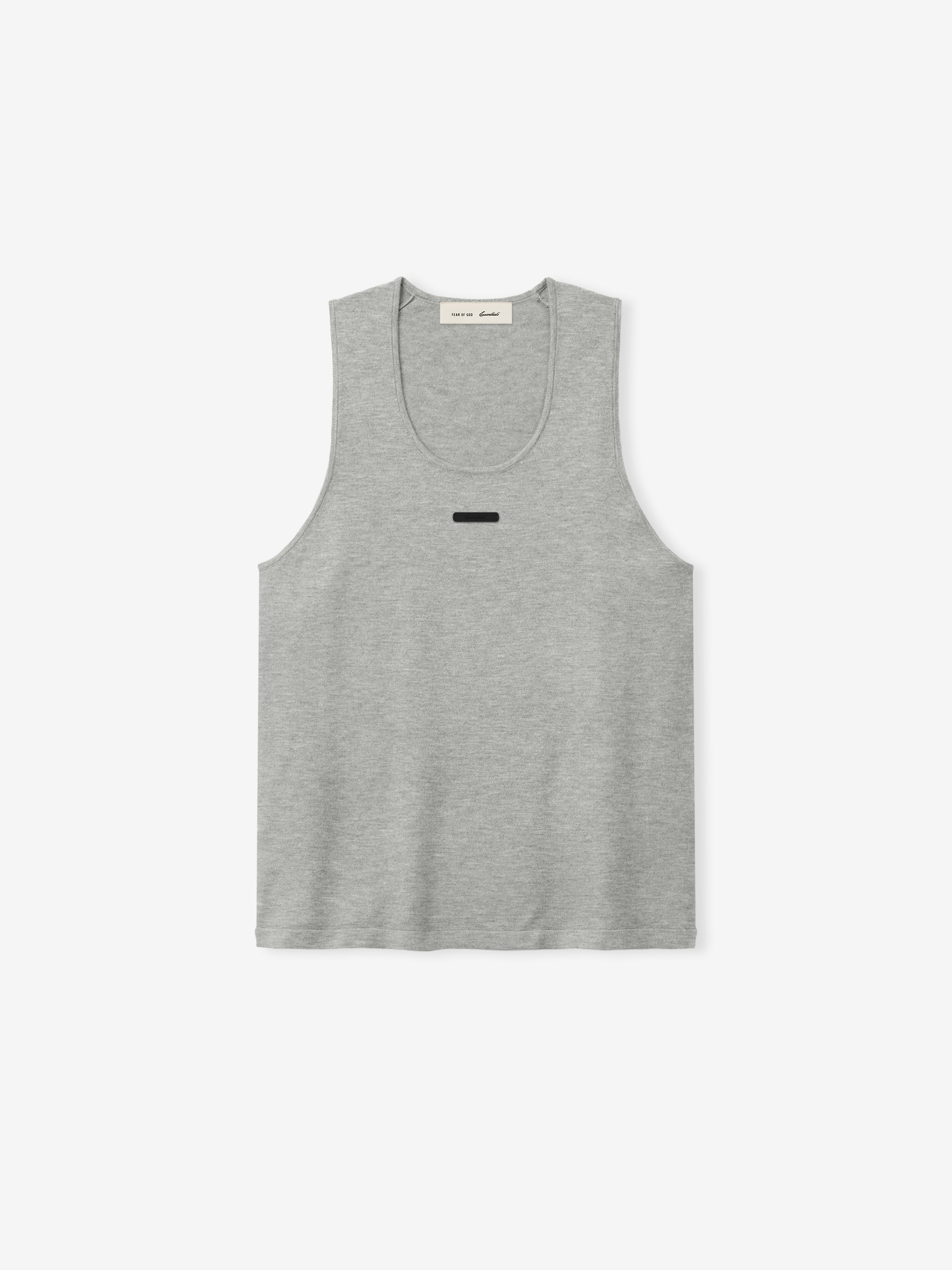 light grey rib-knit tank top for women with scoop neckline and minimalist black logo patch on chest