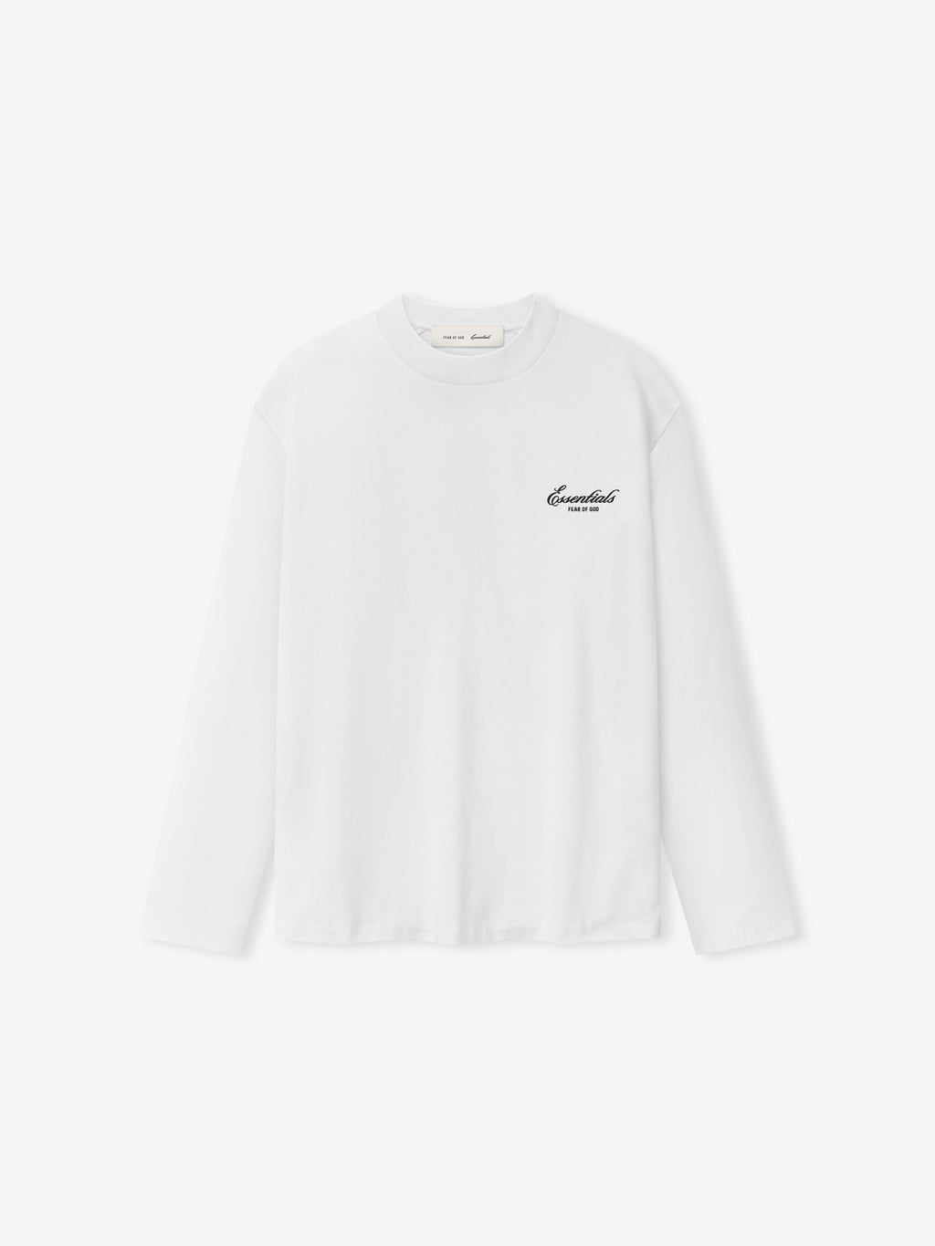 white cotton jersey long sleeve tee with ribbed crewneck and small black Essentials Fear of God logo on chest