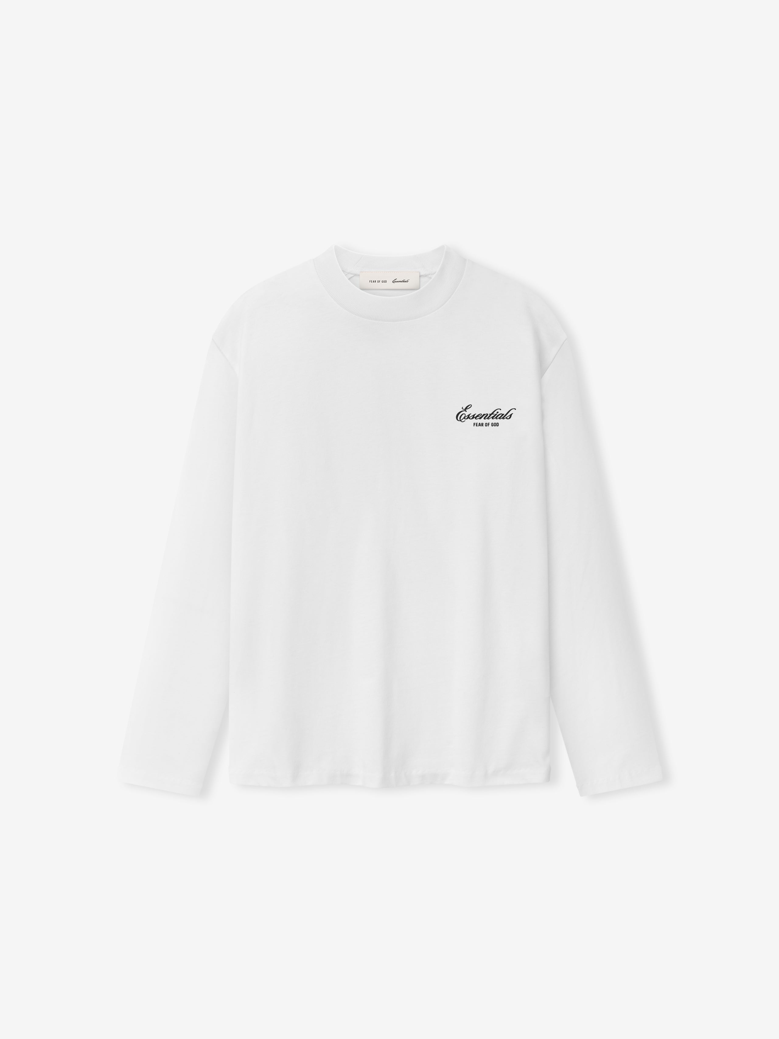 white cotton jersey long sleeve tee with ribbed crewneck and small black Essentials Fear of God logo on chest
