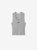 light gray rib knit cotton-rayon-spandex fitted tank top with U-neck and subtle rectangular chest detail