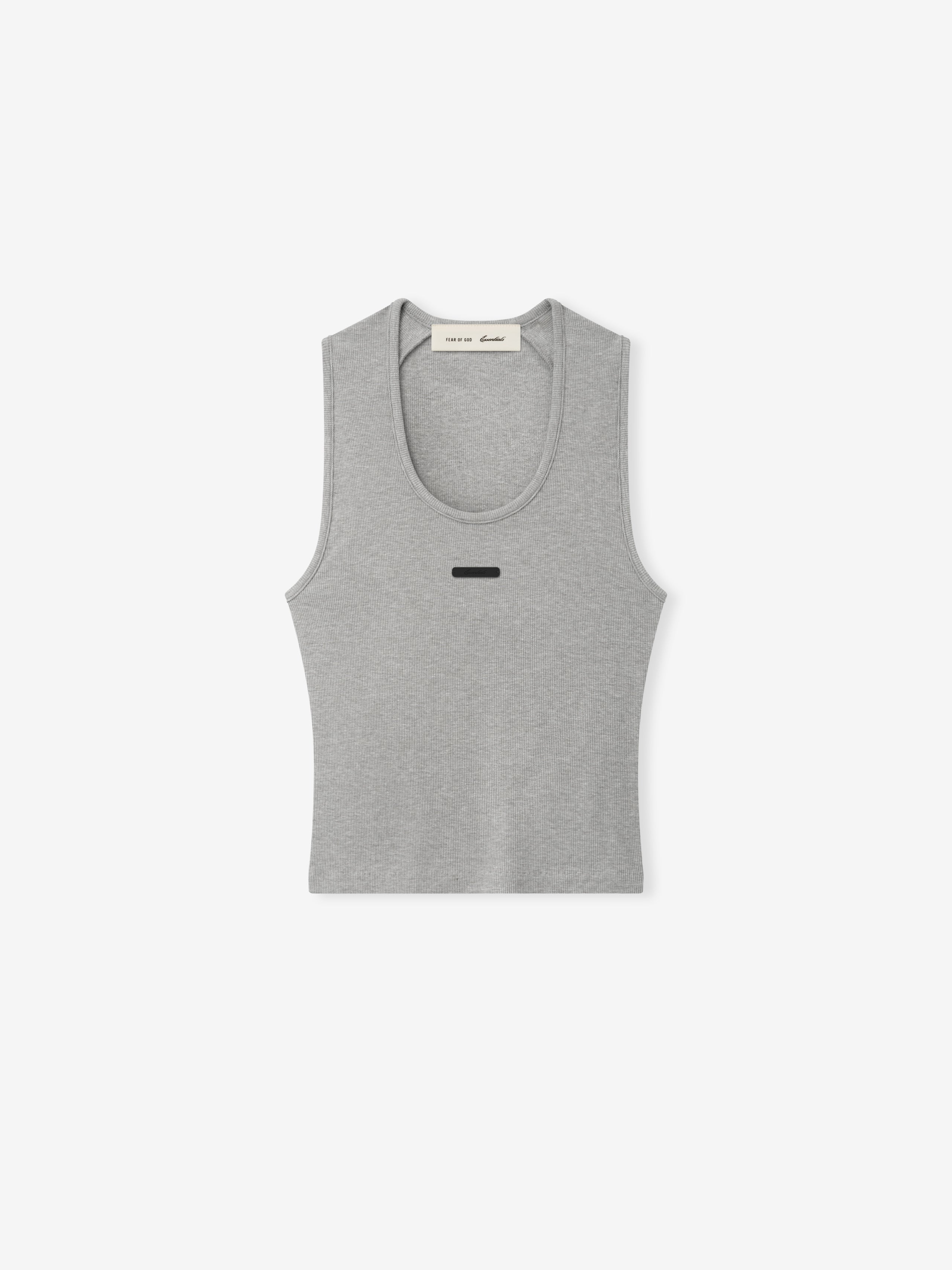 light gray rib knit cotton-rayon-spandex fitted tank top with U-neck and subtle rectangular chest detail
