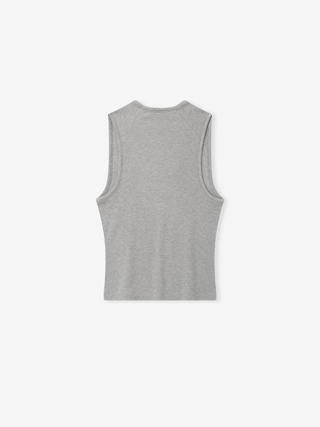 back view of light gray ribbed cotton-rayon-spandex knit tank top with sleeveless design and fitted cut