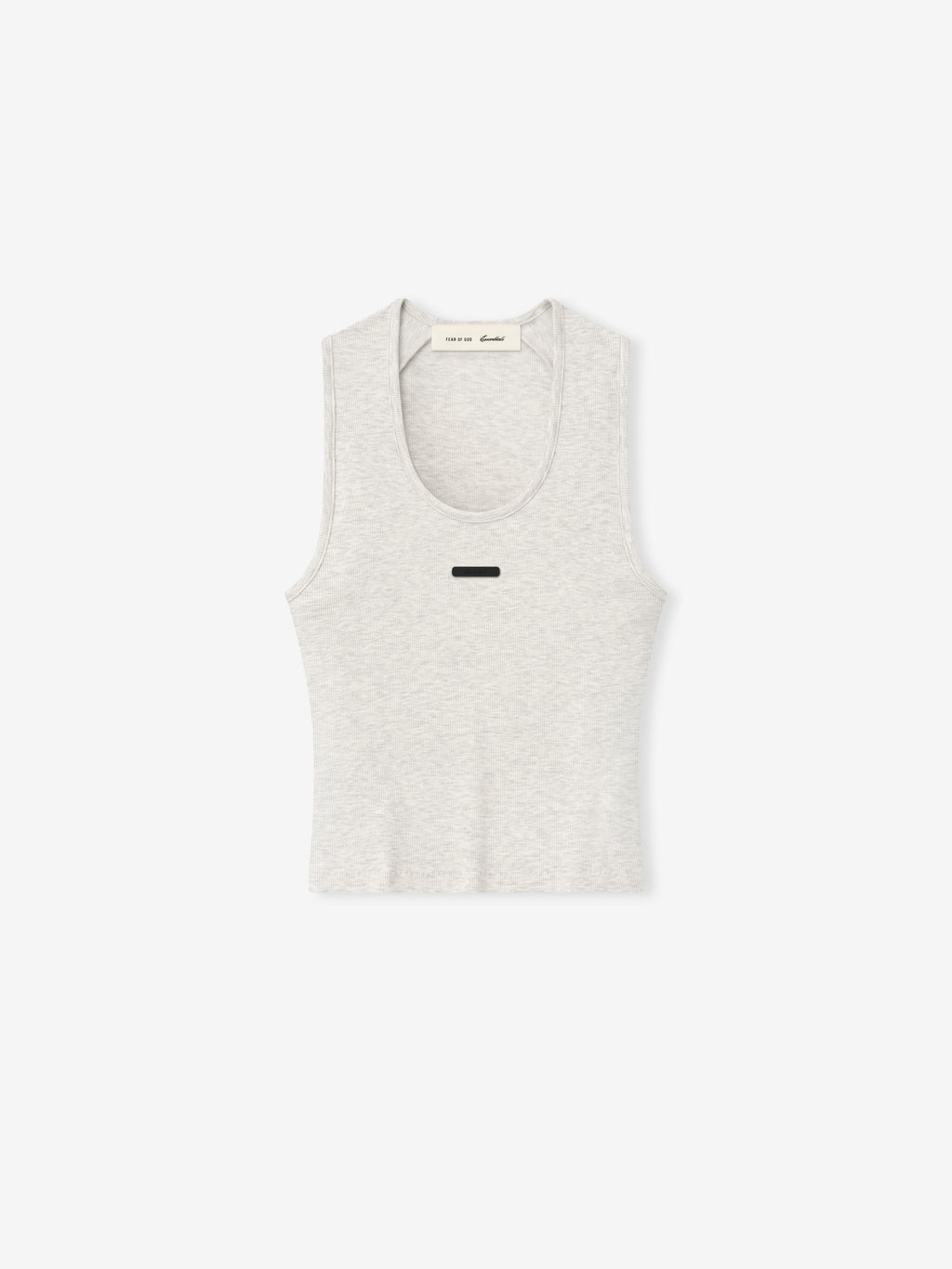 light heather gray ribbed cotton-rayon-spandex knit tank with fitted cut and U-neckline featuring small black rectangular patch