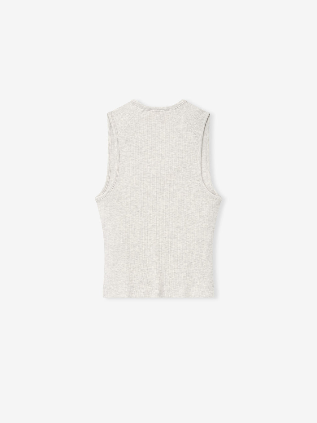 back view of light heather gray ribbed cotton-rayon-spandex fitted tank top with sleeveless design