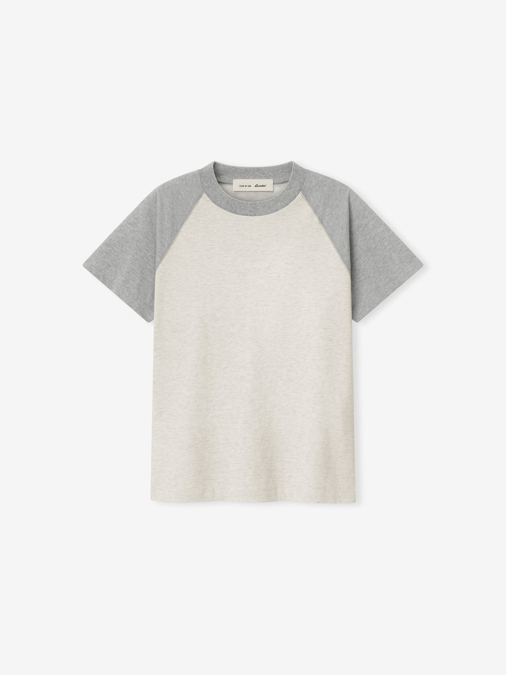 women’s short sleeve baseball tee with light heather gray body and medium gray raglan sleeves