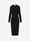 black ribbed knit fitted long sleeve dress with ankle-length silhouette and crew neckline