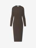 long-sleeve fitted ribbed knit dress in dark brown with crew neckline and ankle-length hemline