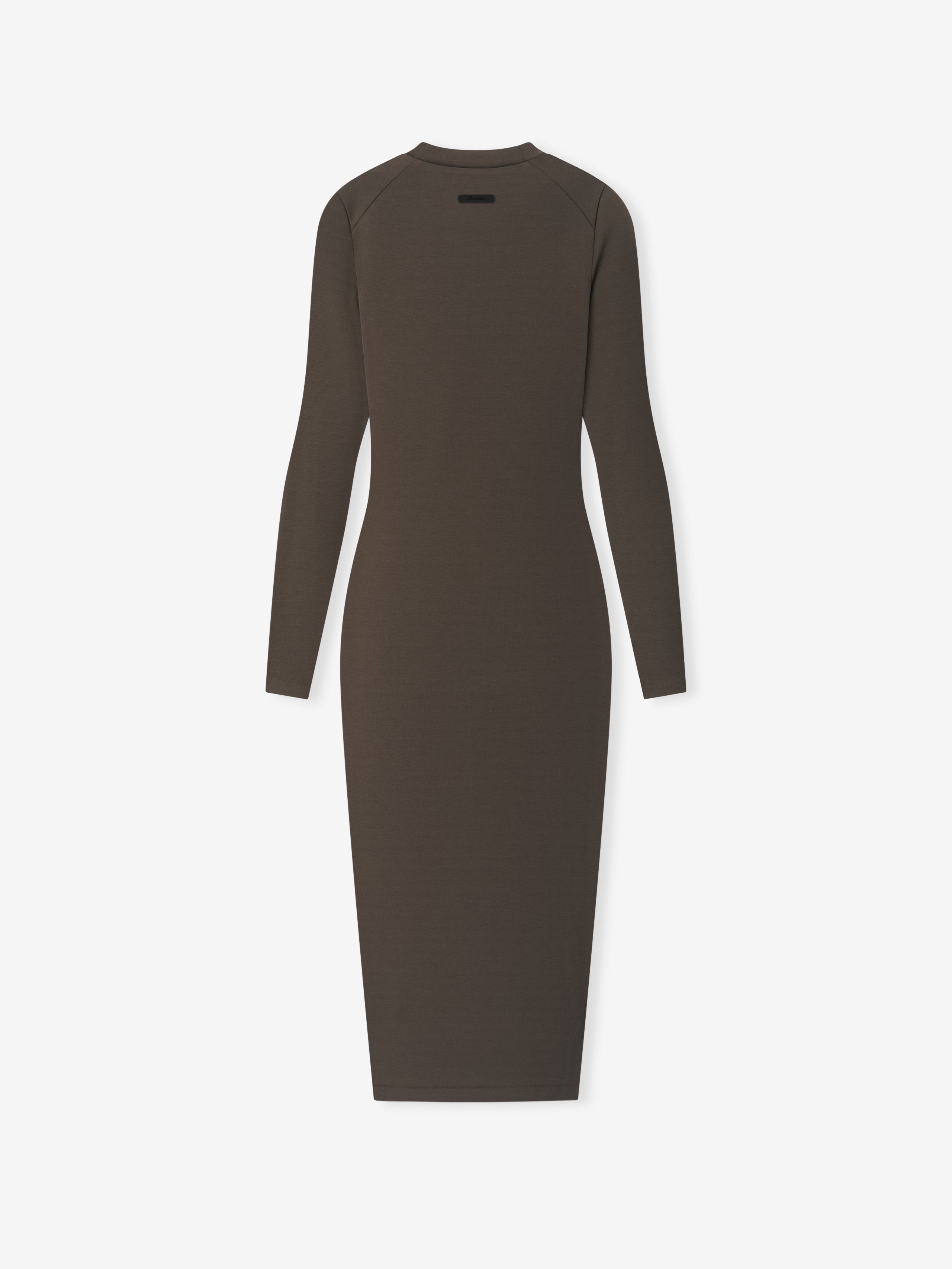 back view of fitted women’s long sleeve rib knit dress in dark brown with crew neckline and ankle length hem