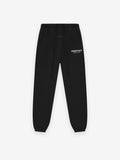 black heavyweight fleece sweatpant with elastic waistband, cuffs, and white Essentials Fear of God logo on thigh