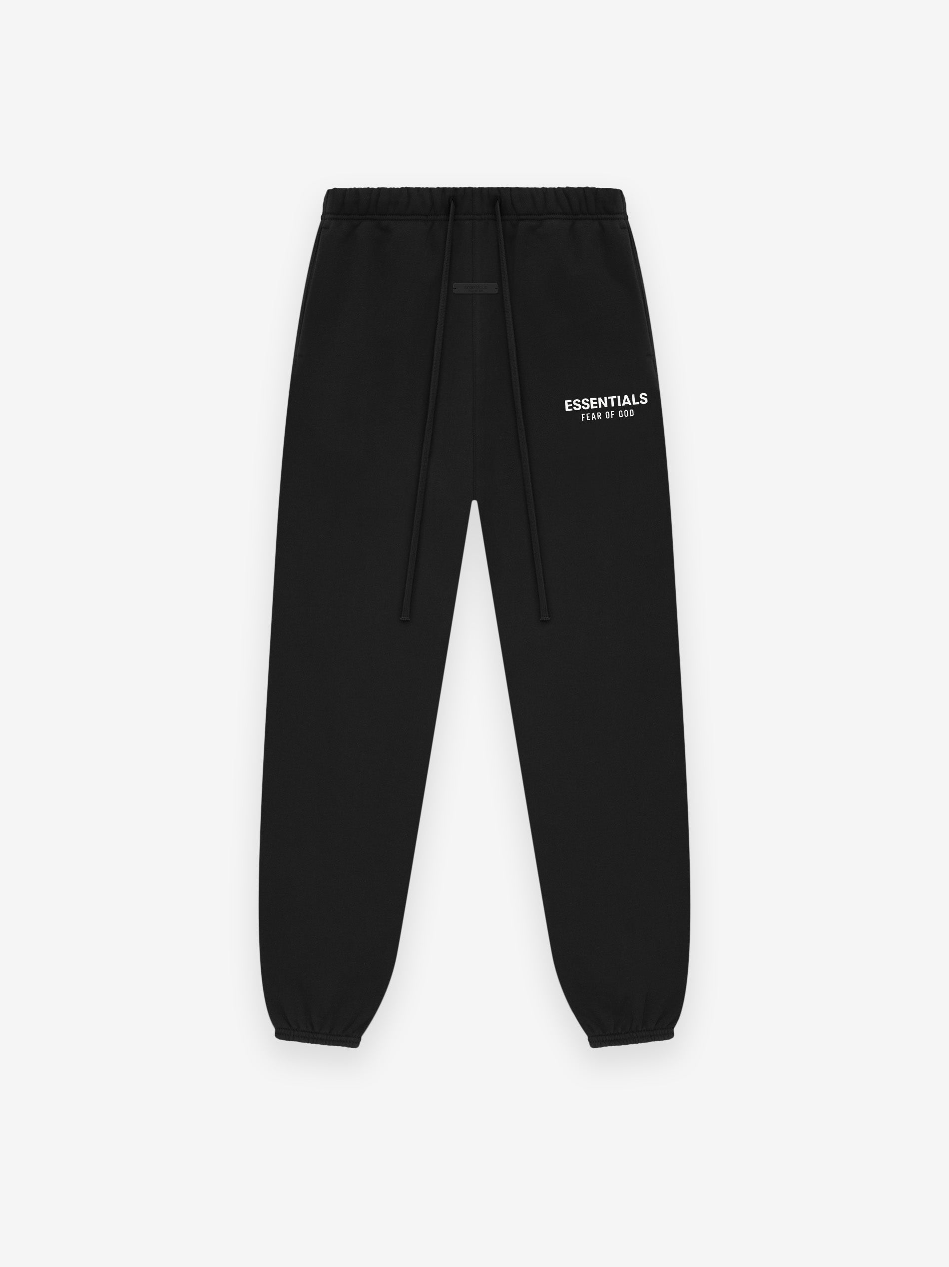 black heavyweight fleece sweatpant with elastic waistband, cuffs, and white Essentials Fear of God logo on thigh