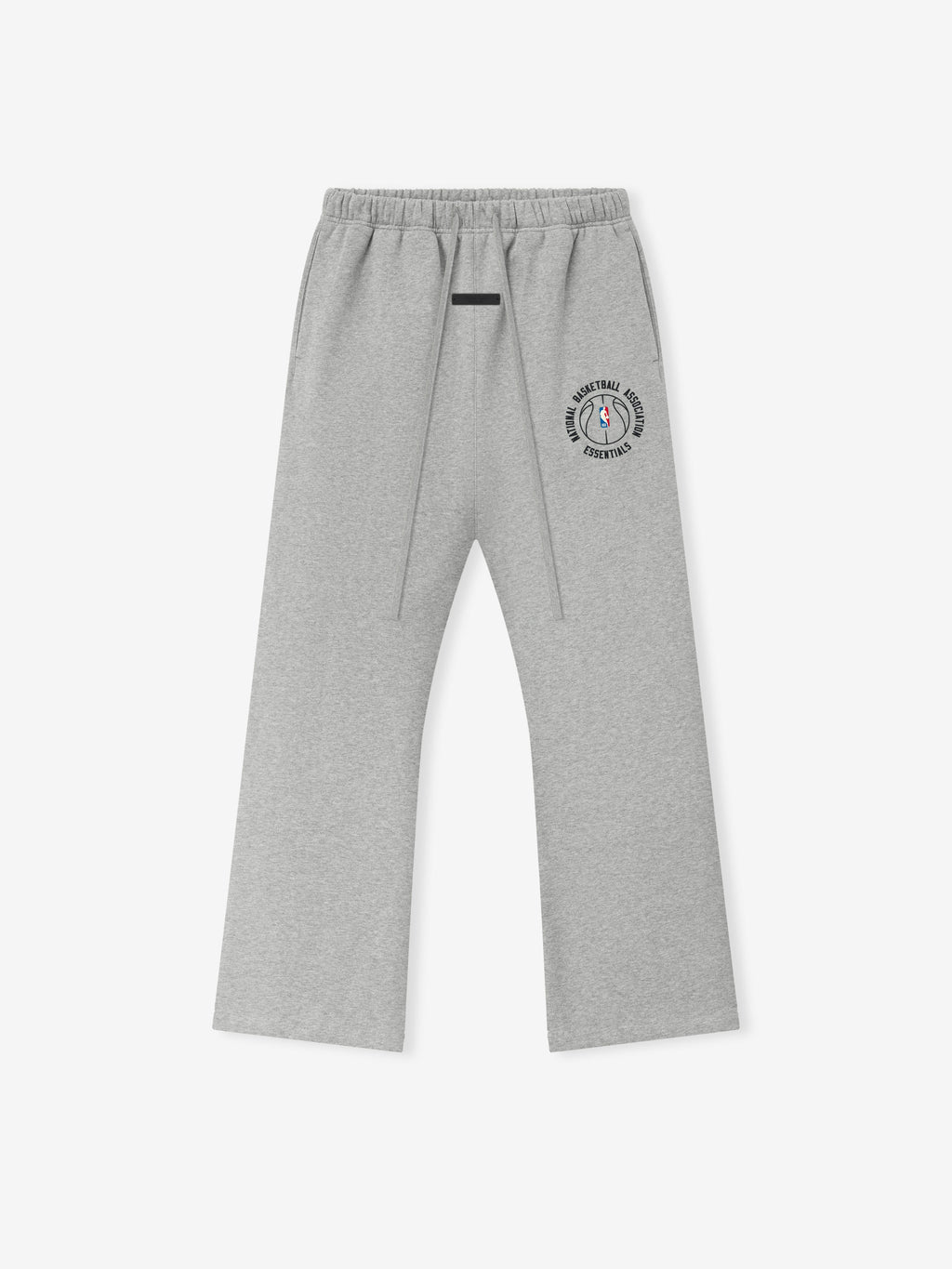 light gray heavyweight cotton fleece sweatpants with flared leg and circular NBA Essentials logo on thigh