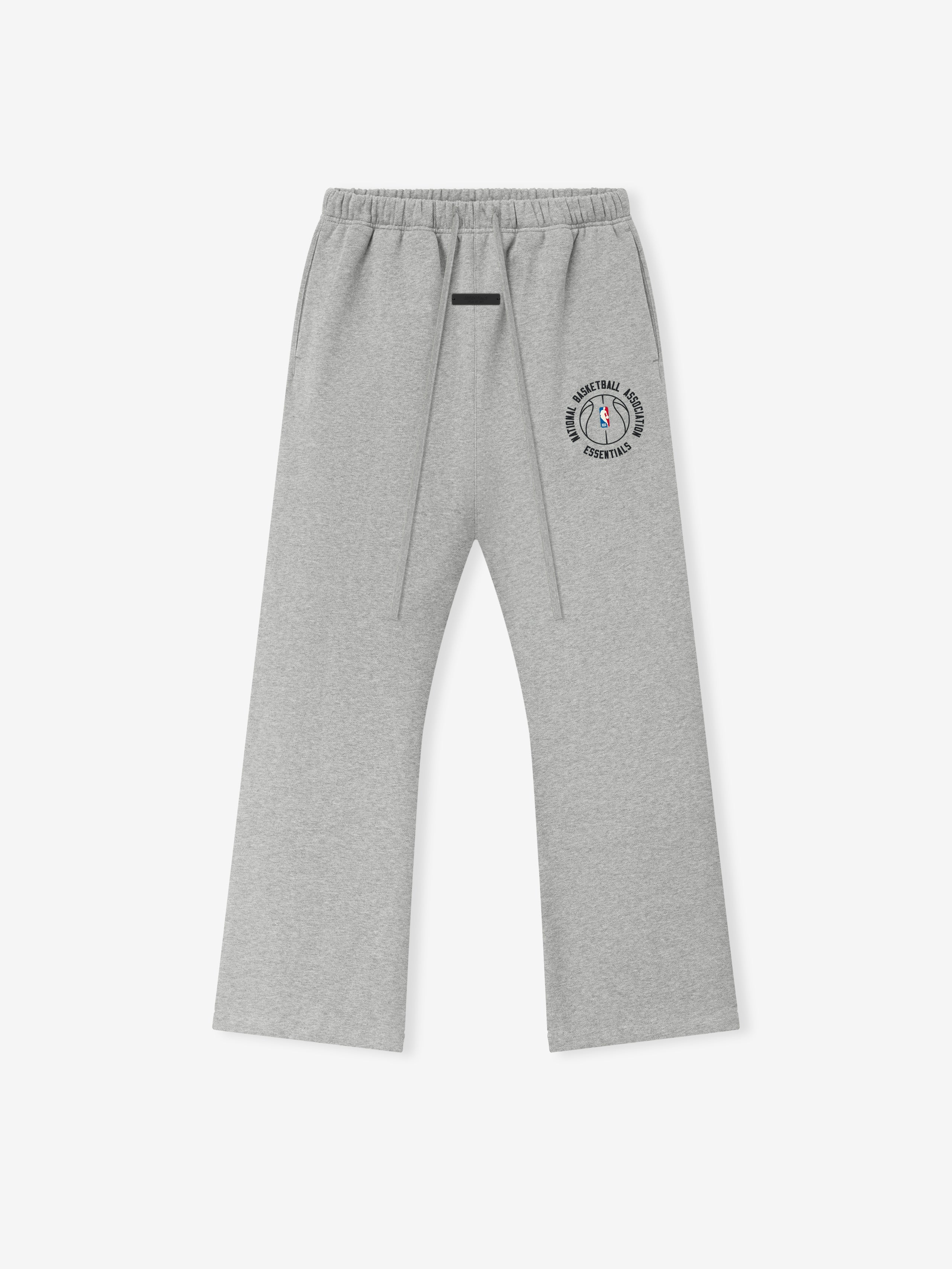 light gray heavyweight cotton fleece sweatpants with flared leg and circular NBA Essentials logo on thigh
