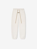 Flat lay of oatmeal heather womens classic sweatpant with beige drawstring and elastic cuffs on white background
