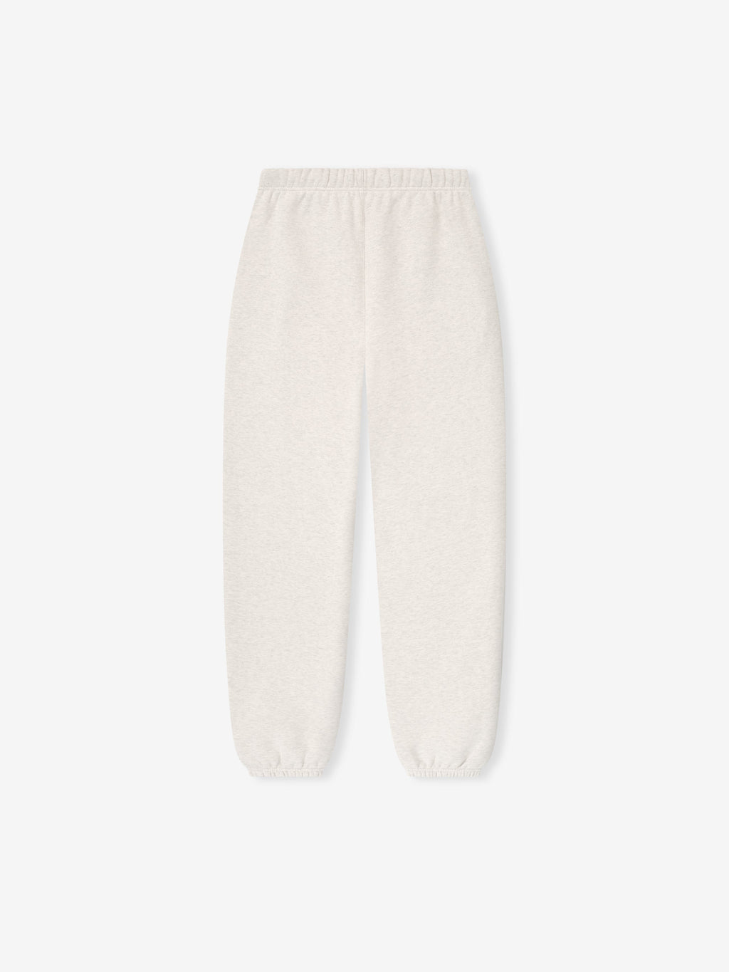 Flat lay of oatmeal heather womens classic sweatpant showing elastic waistband and cuffed ankles on white background