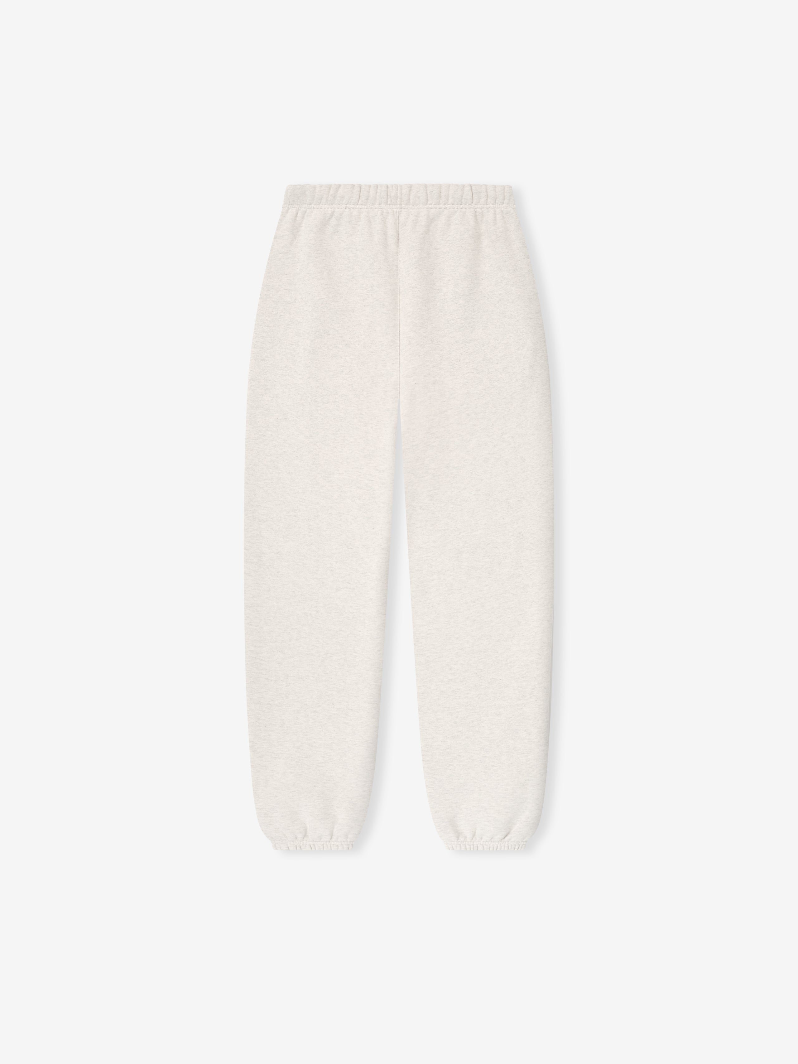 Flat lay of oatmeal heather womens classic sweatpant showing elastic waistband and cuffed ankles on white background