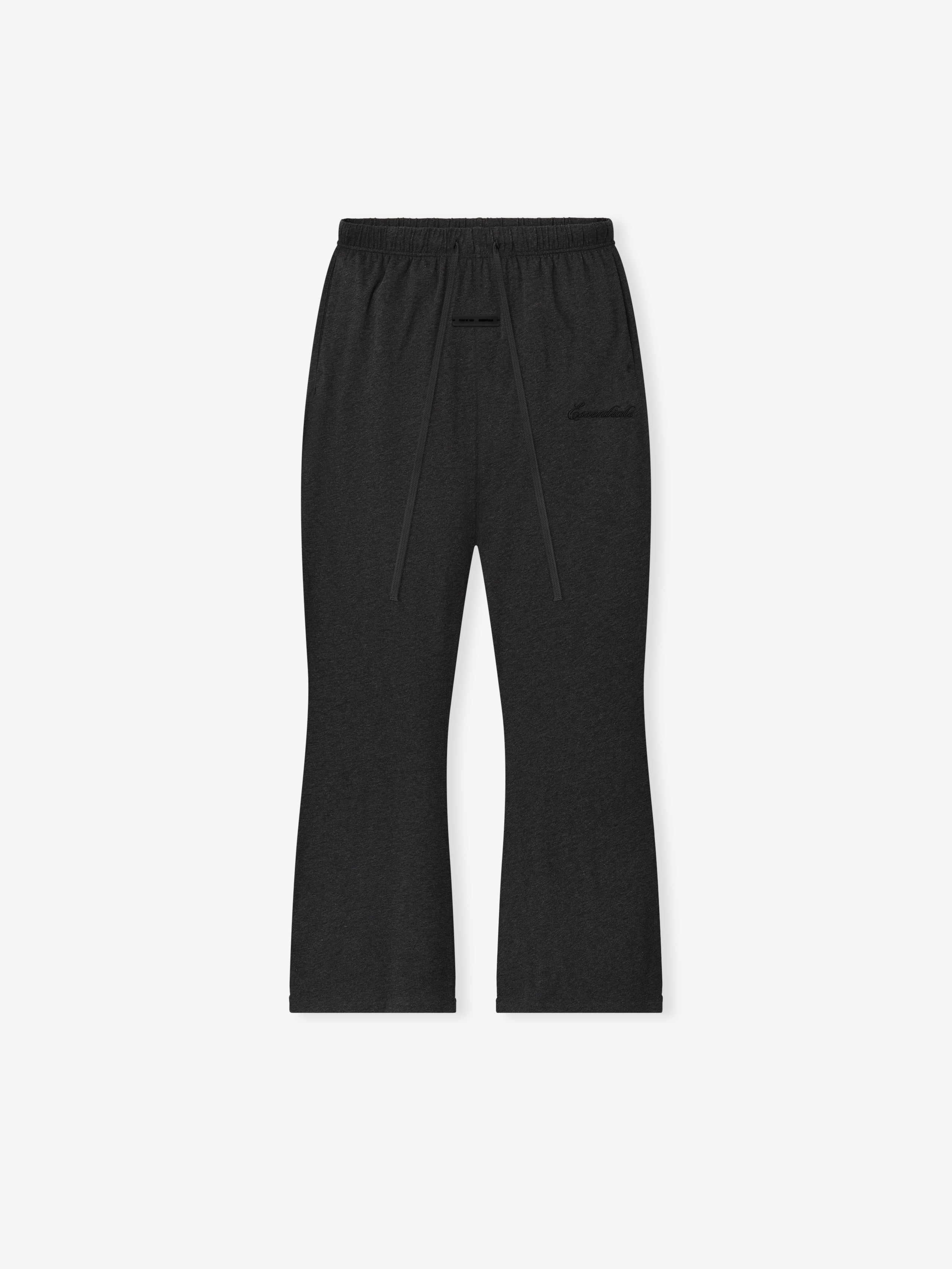Top-down view of vintage black Womens Jersey Flare Sweatpant with elastic waistband and front drawstrings against white background