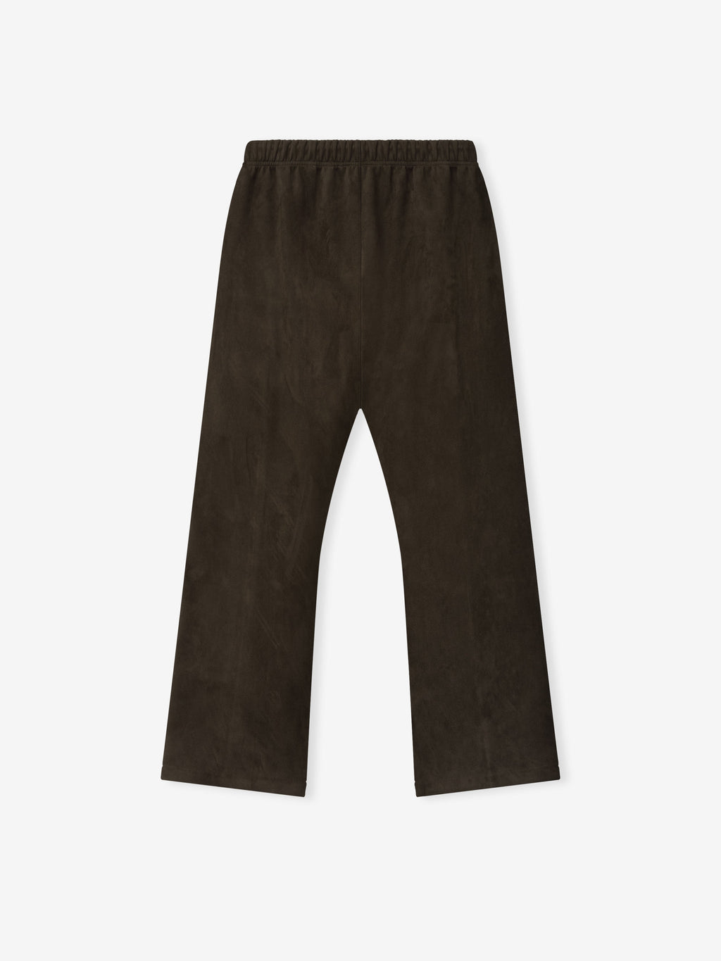 Flat lay of brown Suede Fleece Flare Pant with elastic waistband and smooth texture on white background