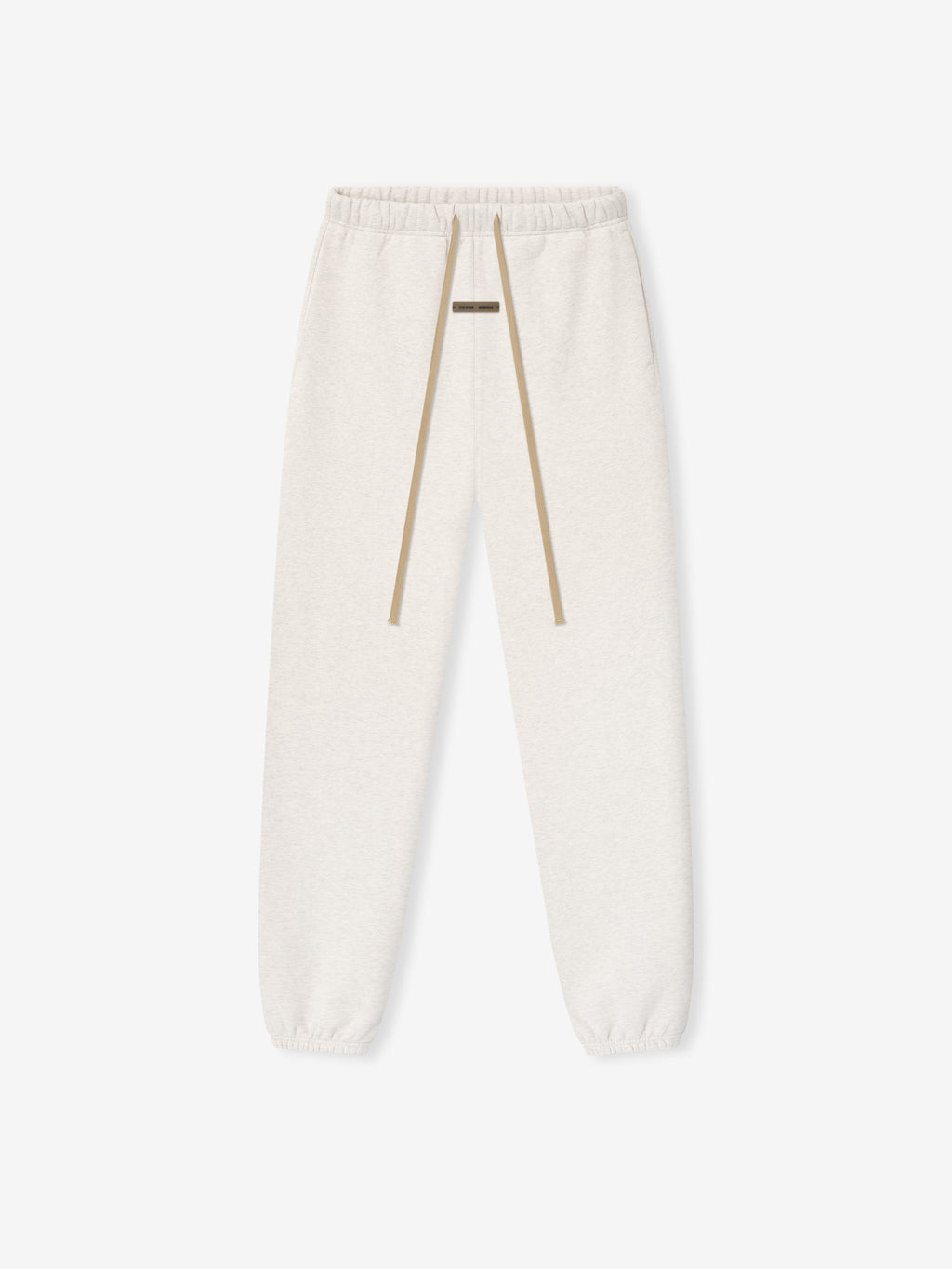 Straight flat lay of oatmeal heather Classic Sweatpant with long beige drawstrings on a white background