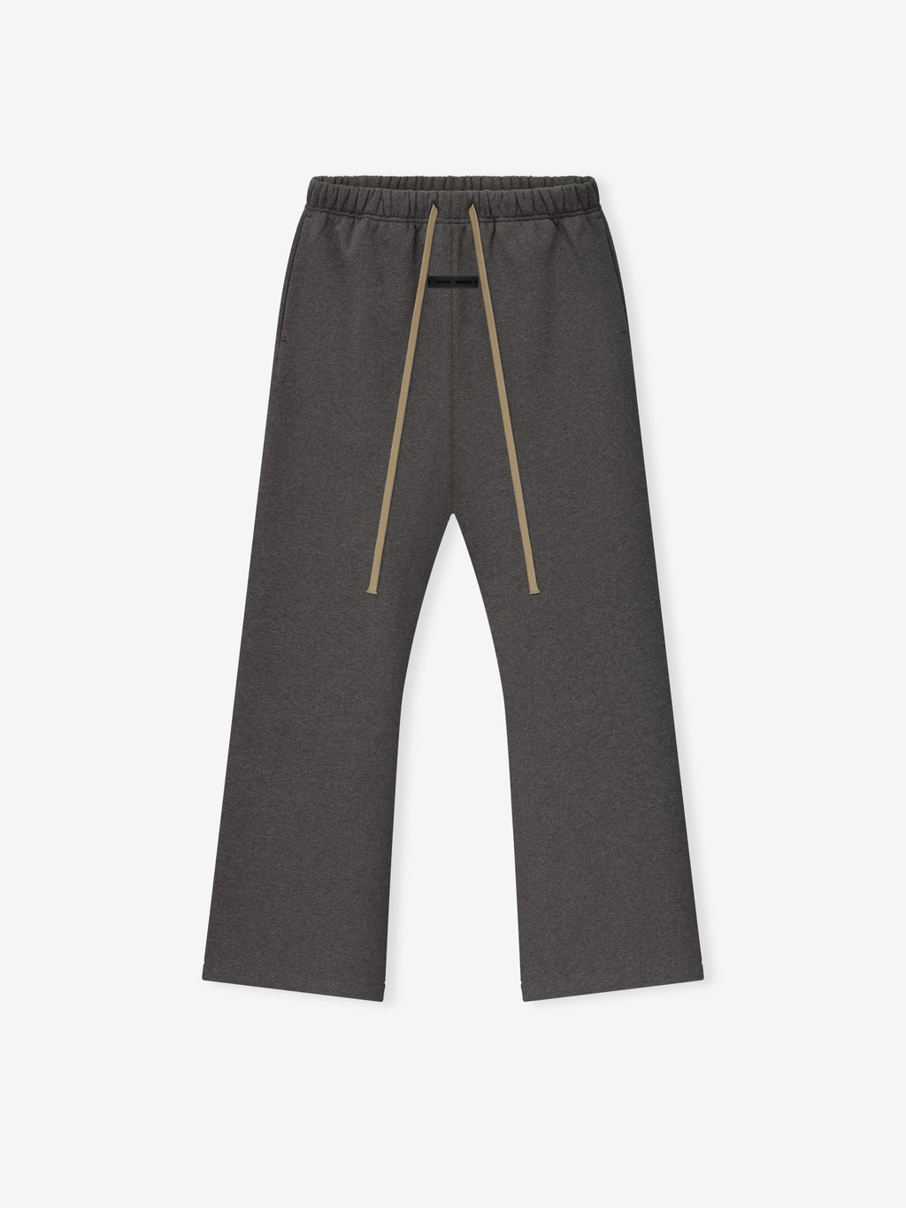 Charcoal heather flare sweatpants with elastic waistband and long beige drawstrings laid flat on white background