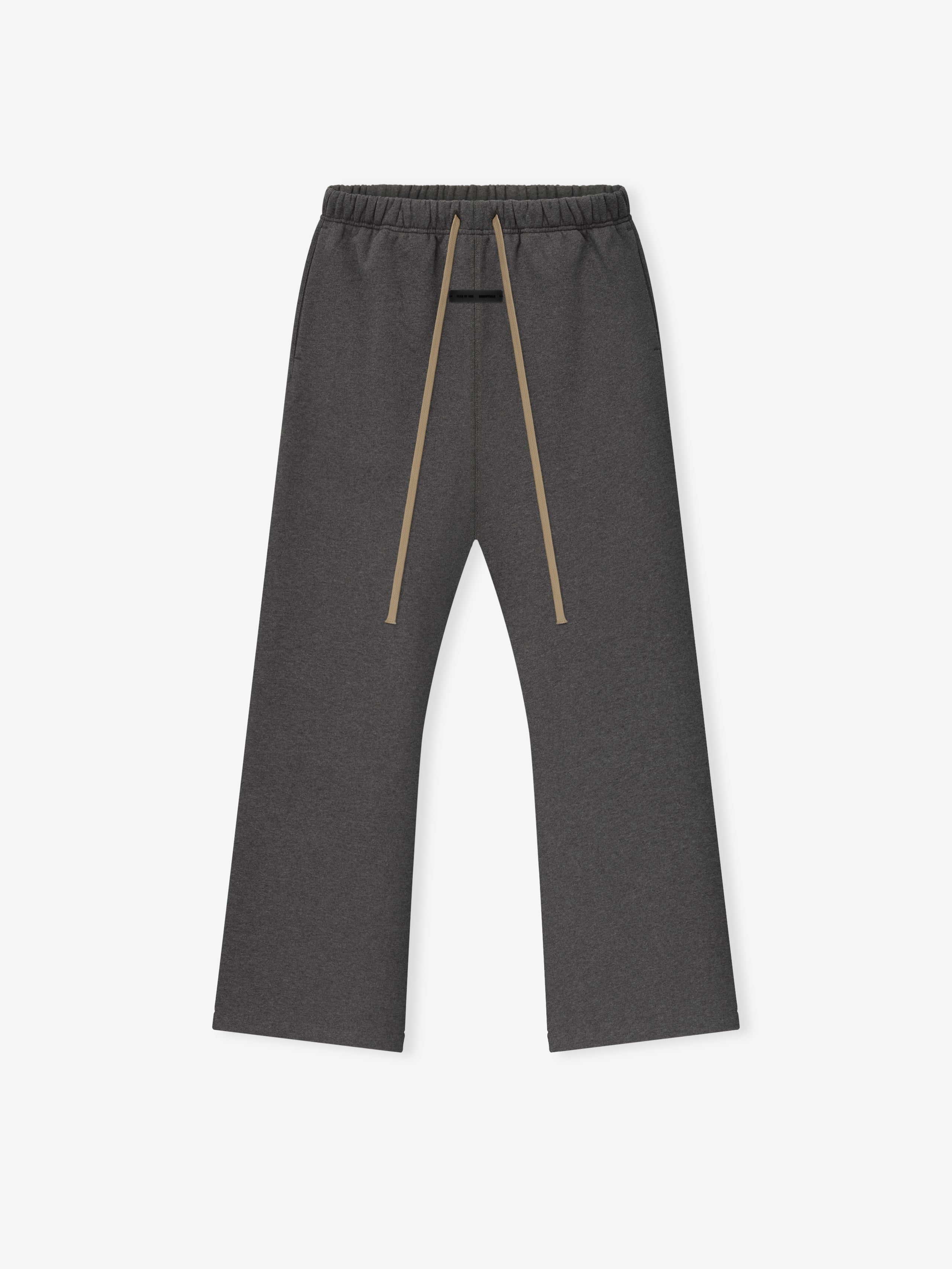 Charcoal heather flare sweatpants with elastic waistband and long beige drawstrings laid flat on white background