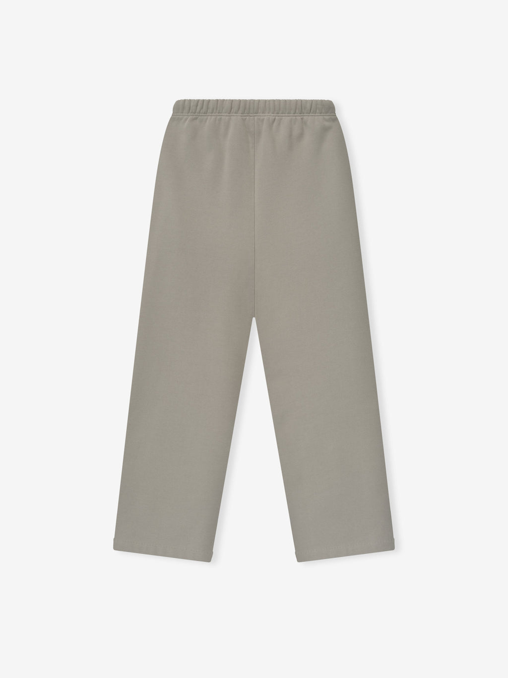 Overhead view of smoke grey lounge sweatpant with elastic waistband and wide straight legs on white background