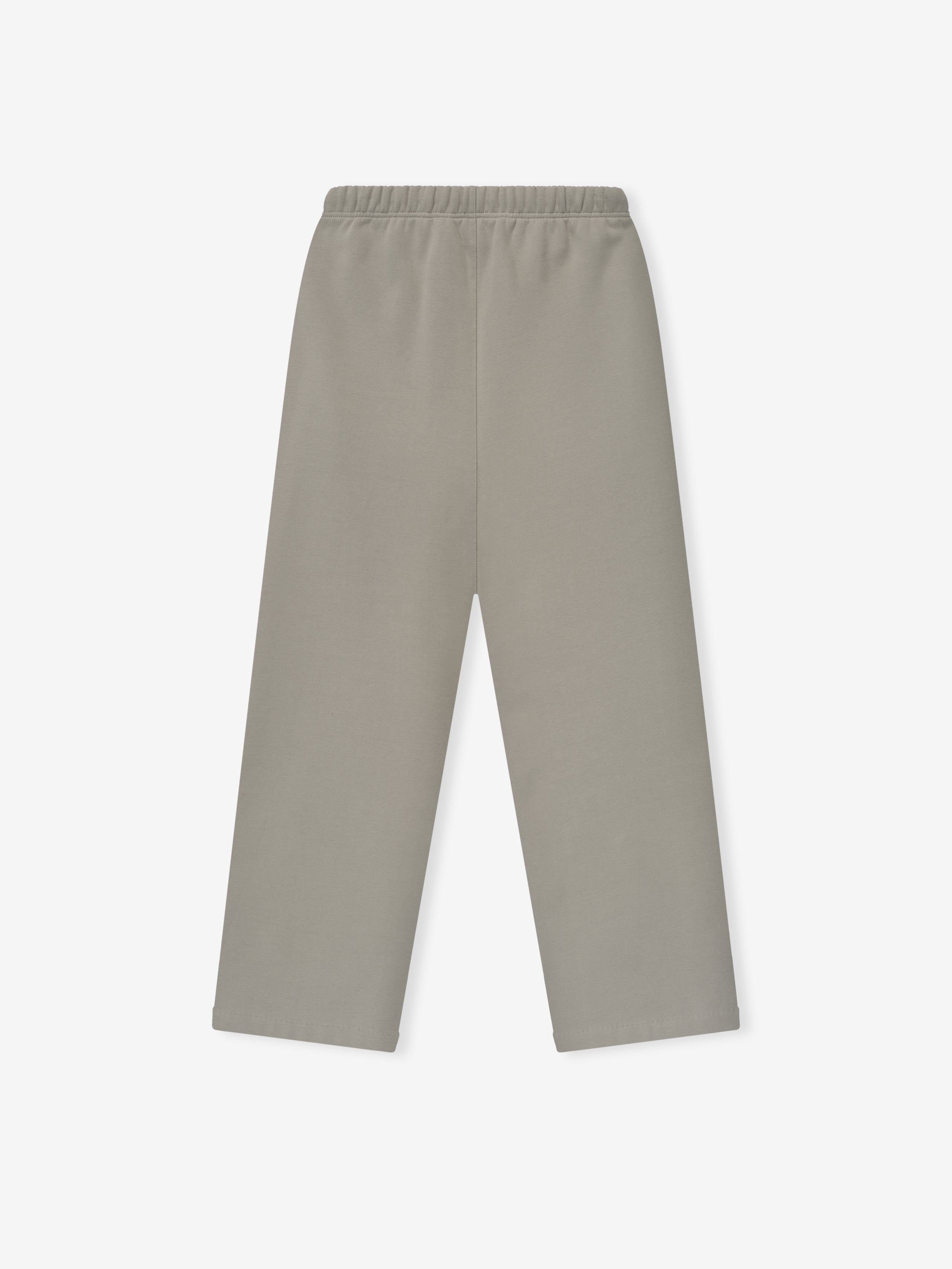 Overhead view of smoke grey lounge sweatpant with elastic waistband and wide straight legs on white background