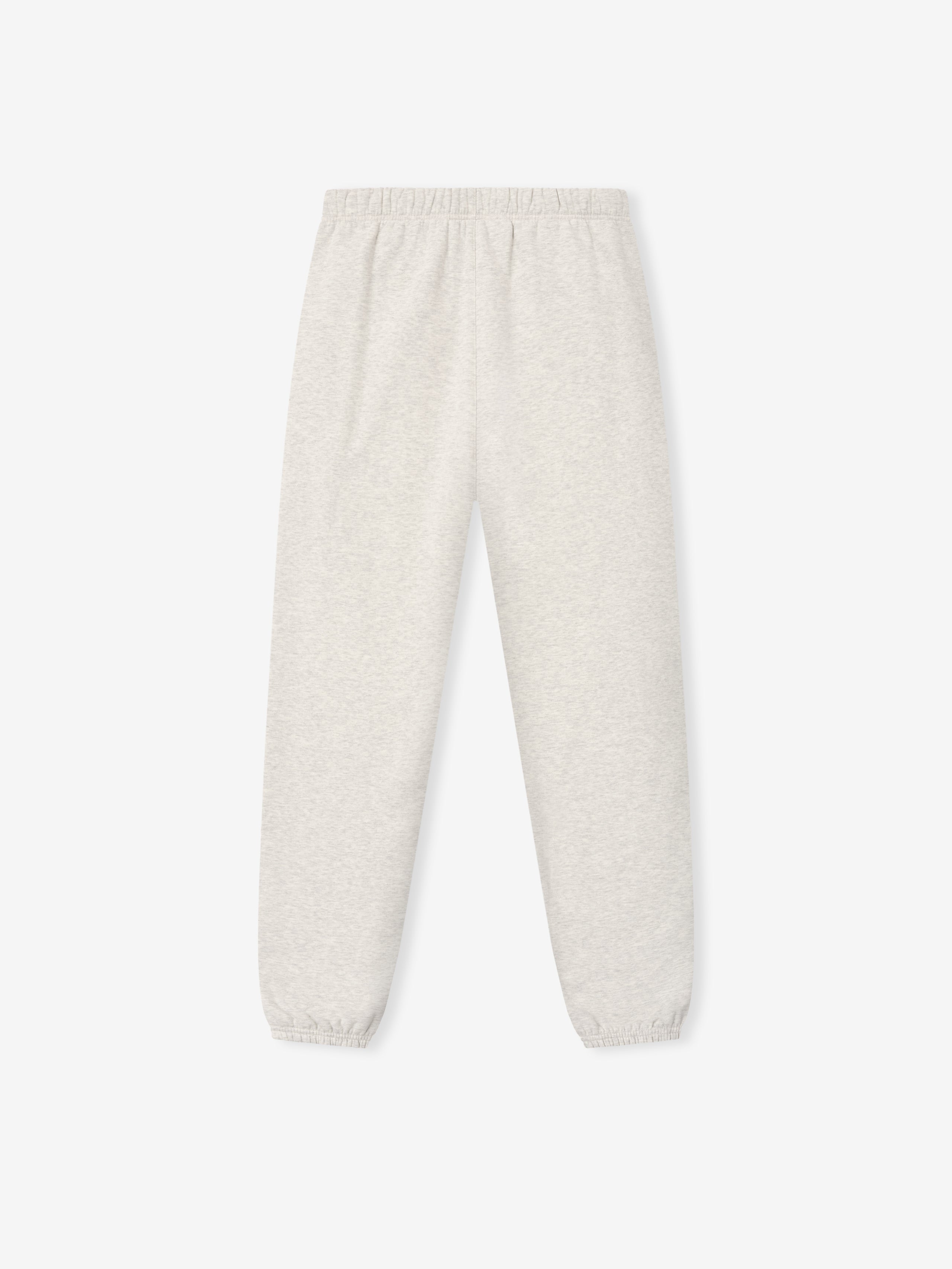 off-white heavyweight cotton fleece sweatpants with elastic cuffs and relaxed tapered fit waistband visible