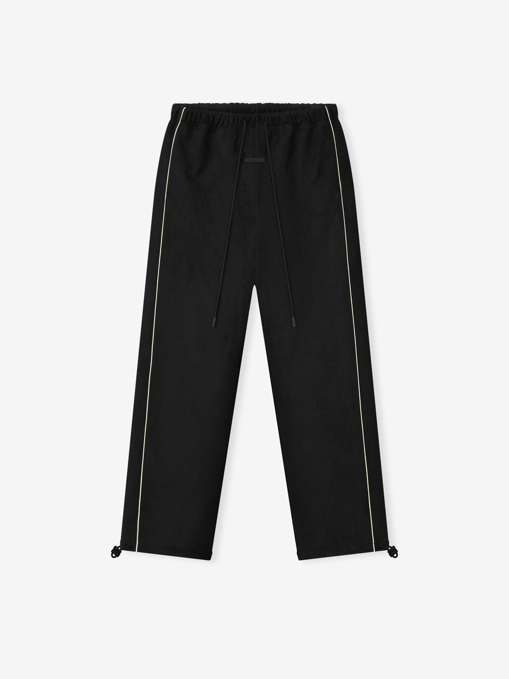 black relaxed fit suede fleece pants with slim piping detail and drawstring waistband