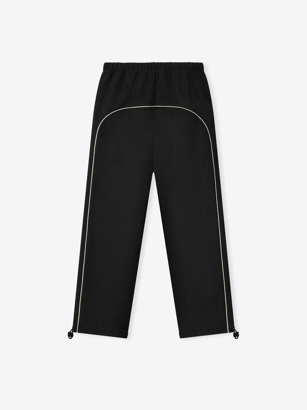 black bonded suede fleece relaxed straight leg pants with contrasting piping and adjustable ankle drawstrings