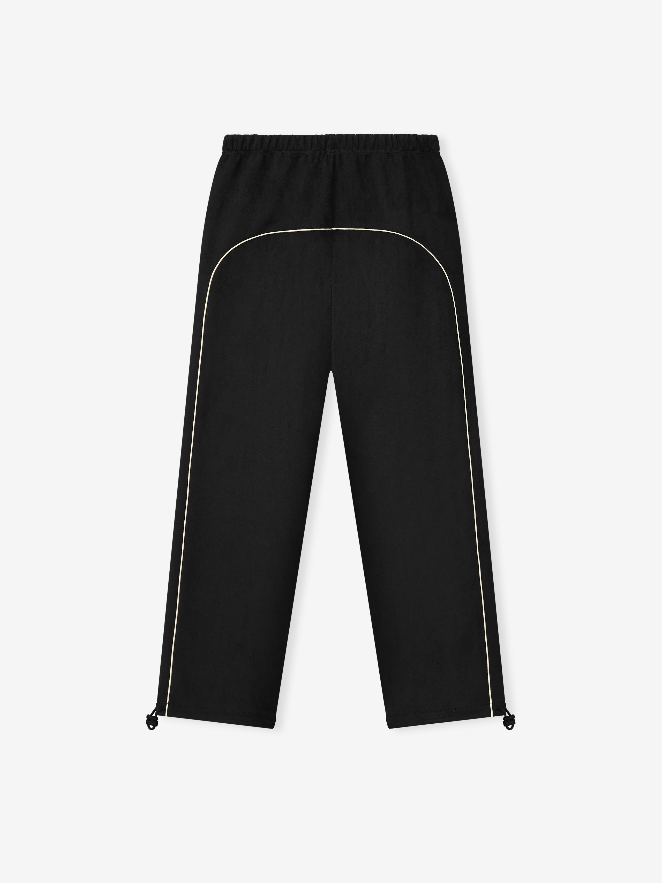 black bonded suede fleece relaxed straight leg pants with contrasting piping and adjustable ankle drawstrings