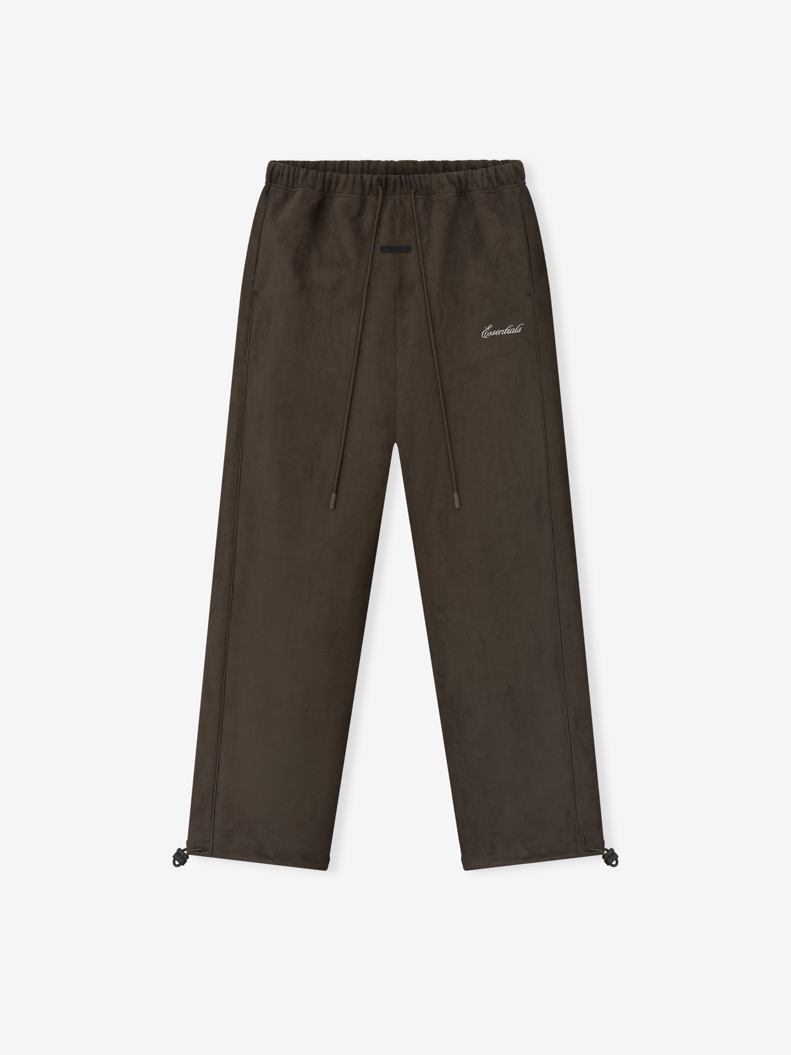 Brown pants with a white essentials signature logo on a white background