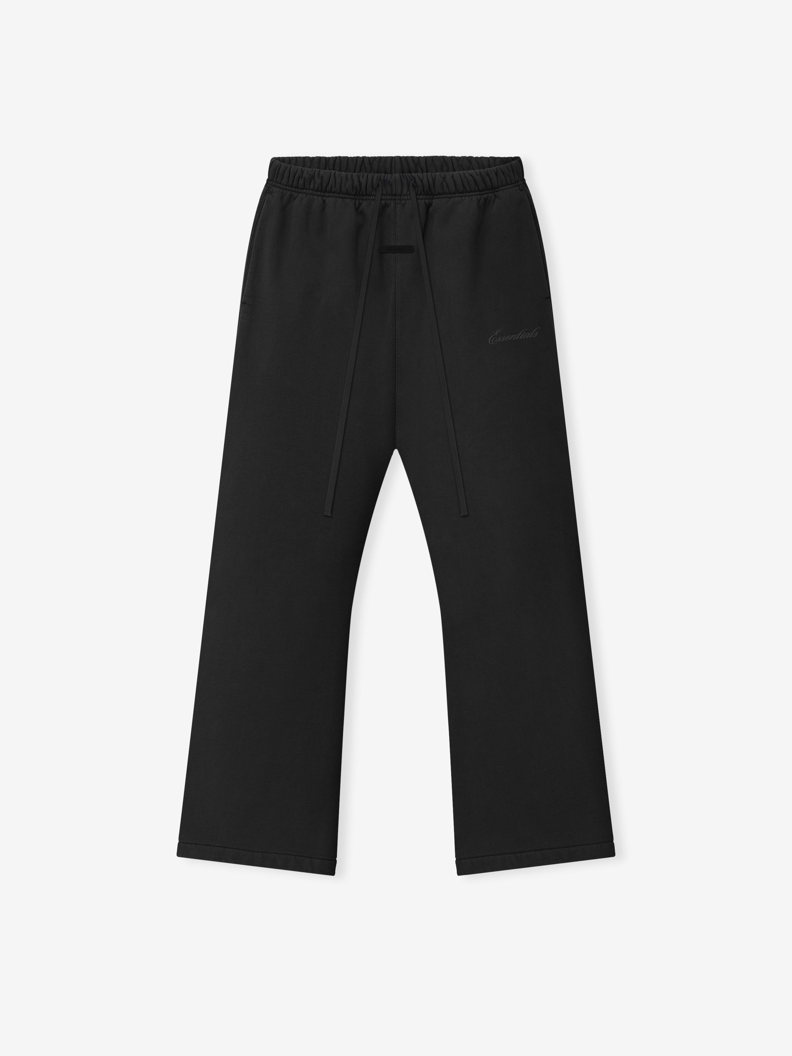 black relaxed fit flare sweatpants with elastic waistband and drawstring in heavyweight fleece fabric