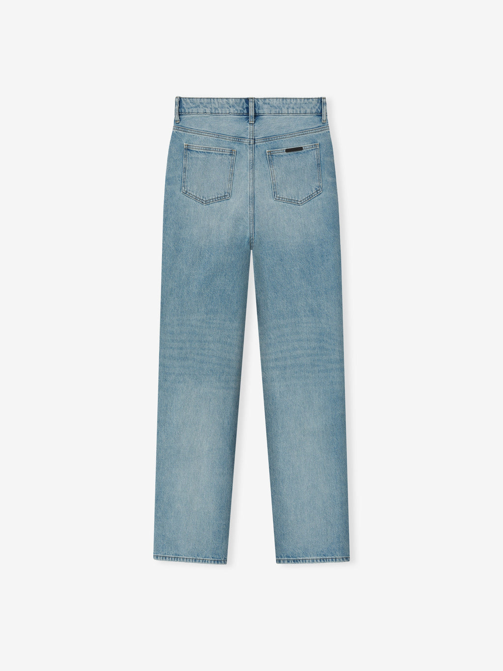 Back view of light blue denim jeans with straight legs, two back pockets, and belt loops on waistband