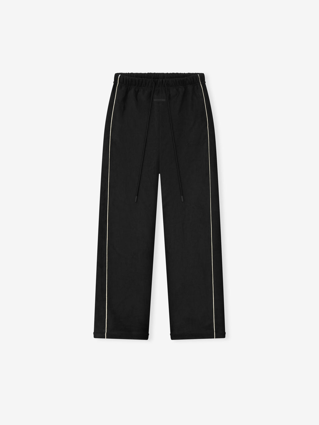 Black pants with white piping on a white background