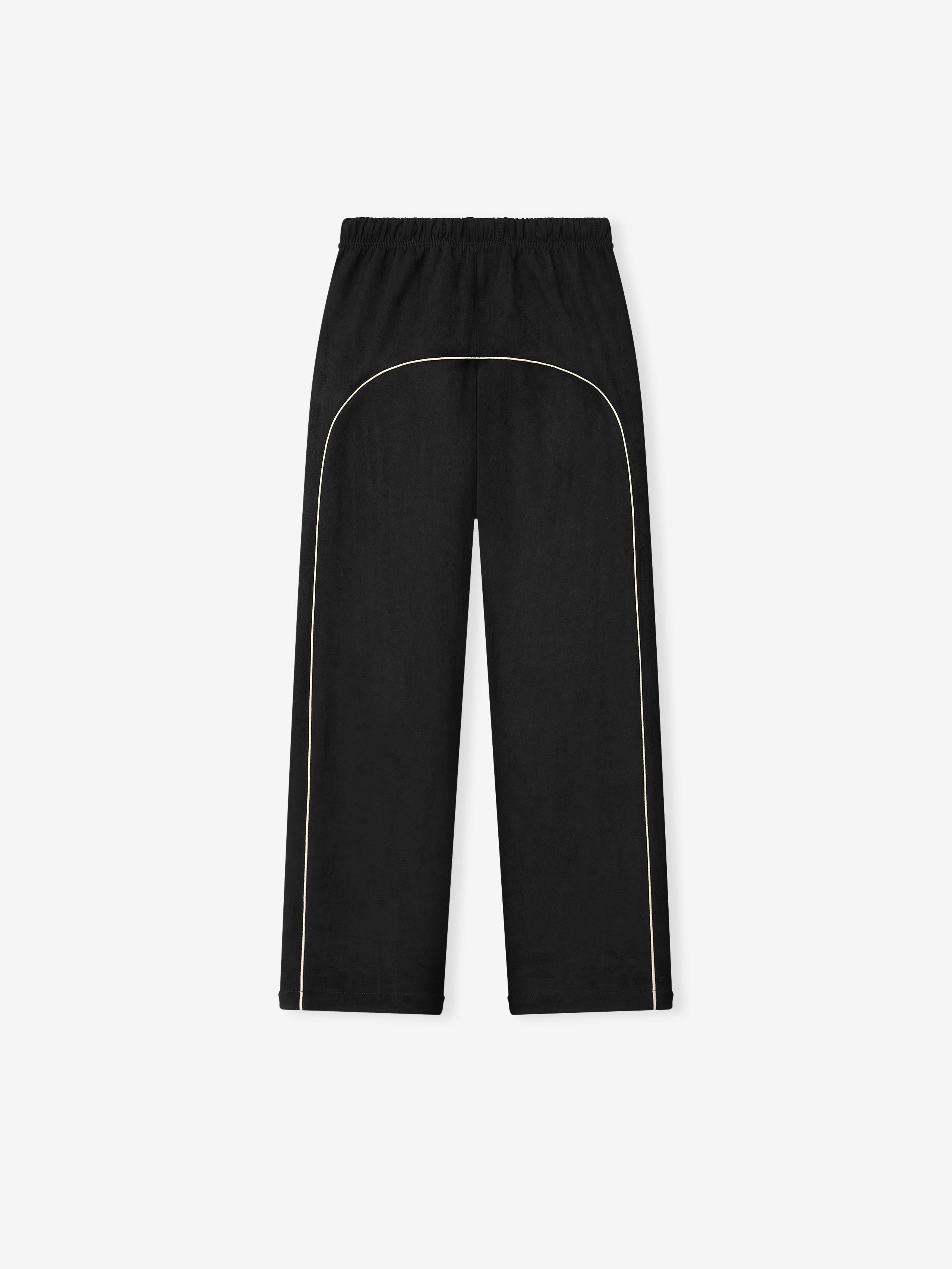 Black pants with white piping on a white background
