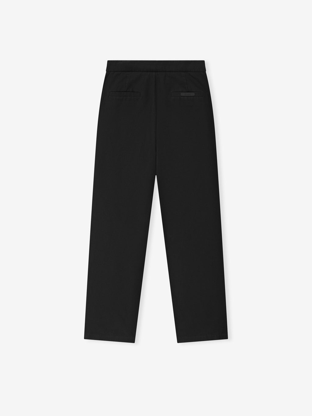 black cotton canvas pleat front pants with relaxed leg fit, back welt pockets, and elastic waistband