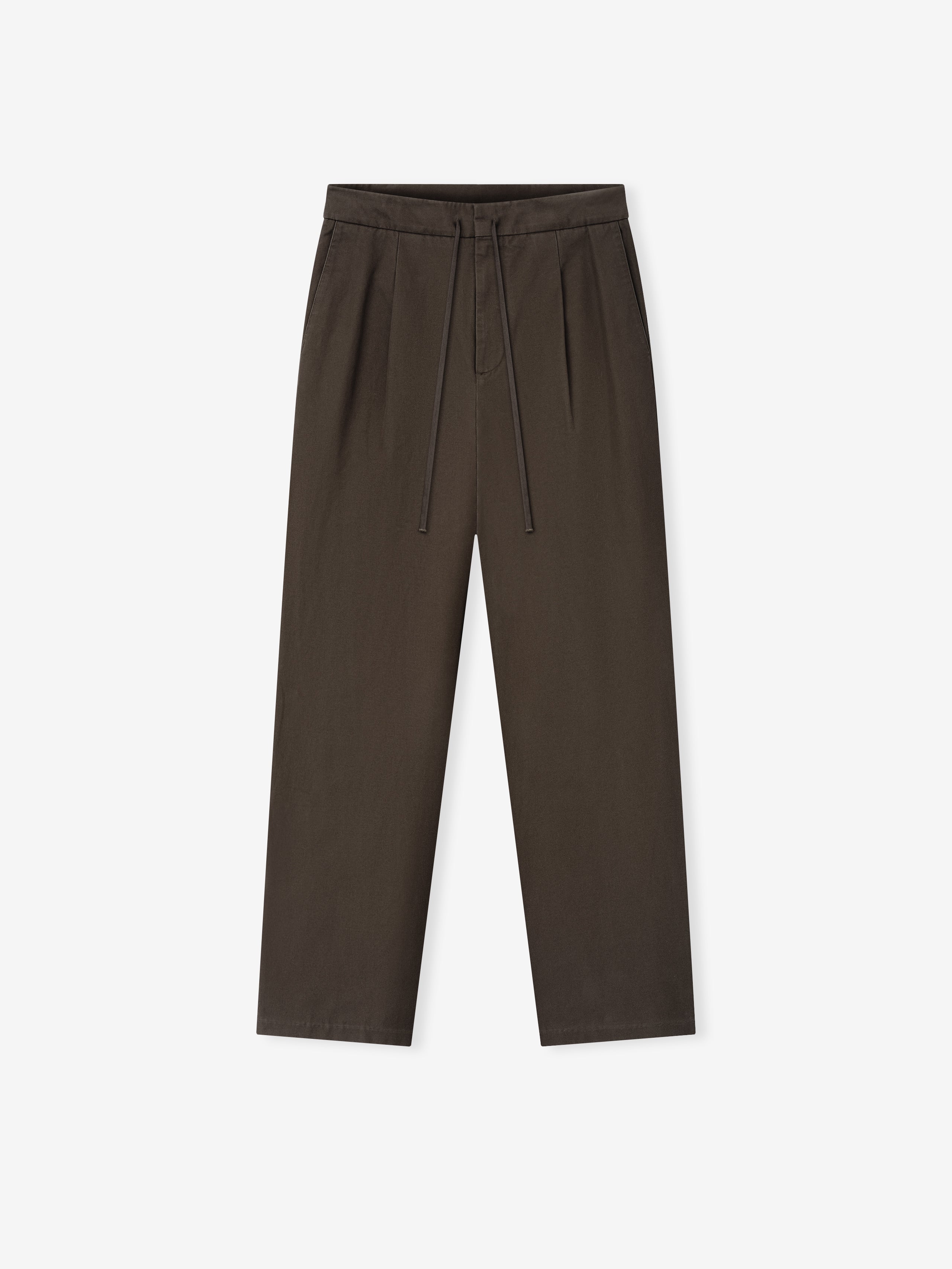 Front view of dark brown straight-leg pants with pleats, drawstring waistband, and clean hems on a white background