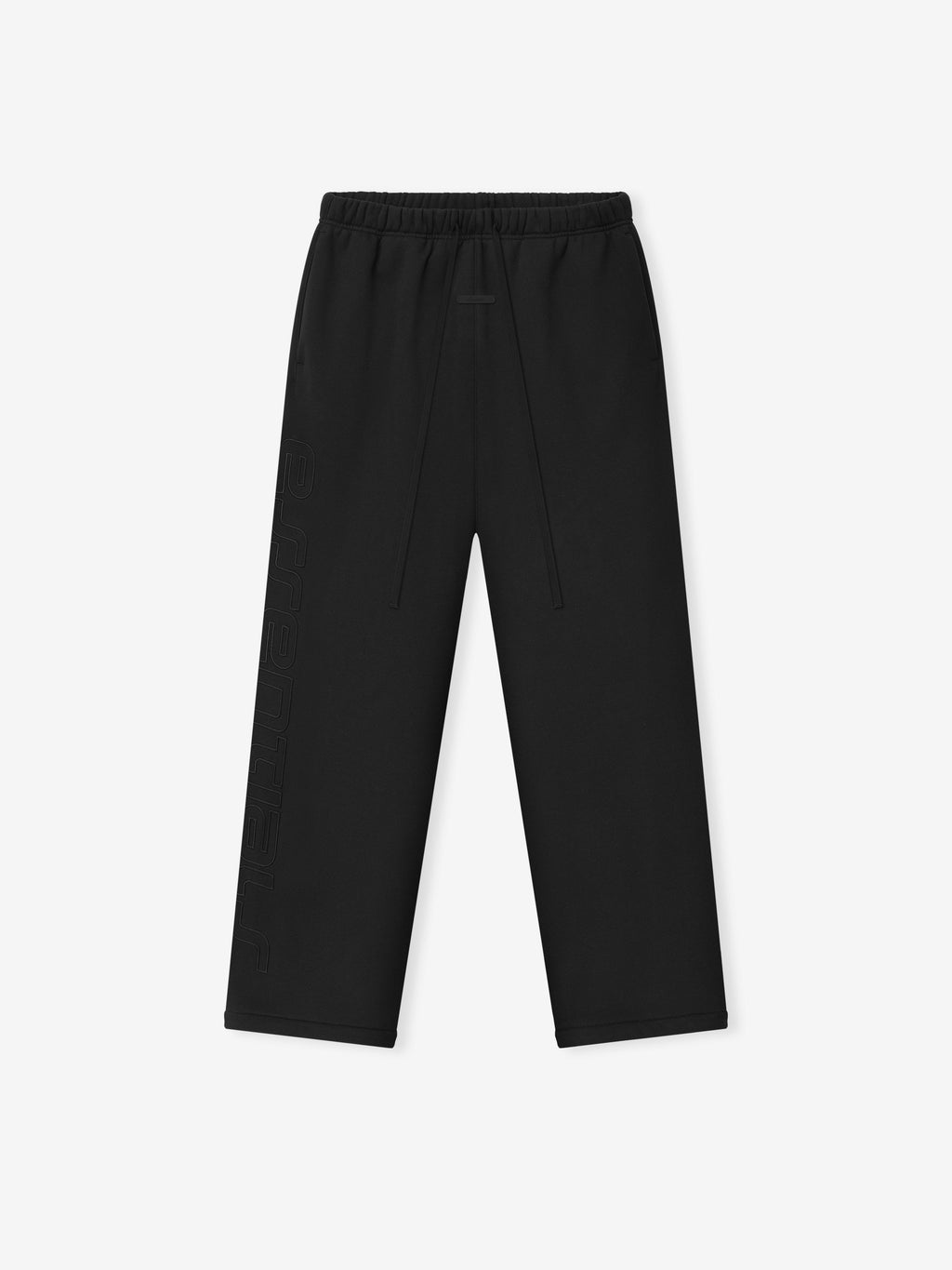 black relaxed fit sweatpants with elastic waistband, drawstring, and tonal embroidered Essentials logo along leg