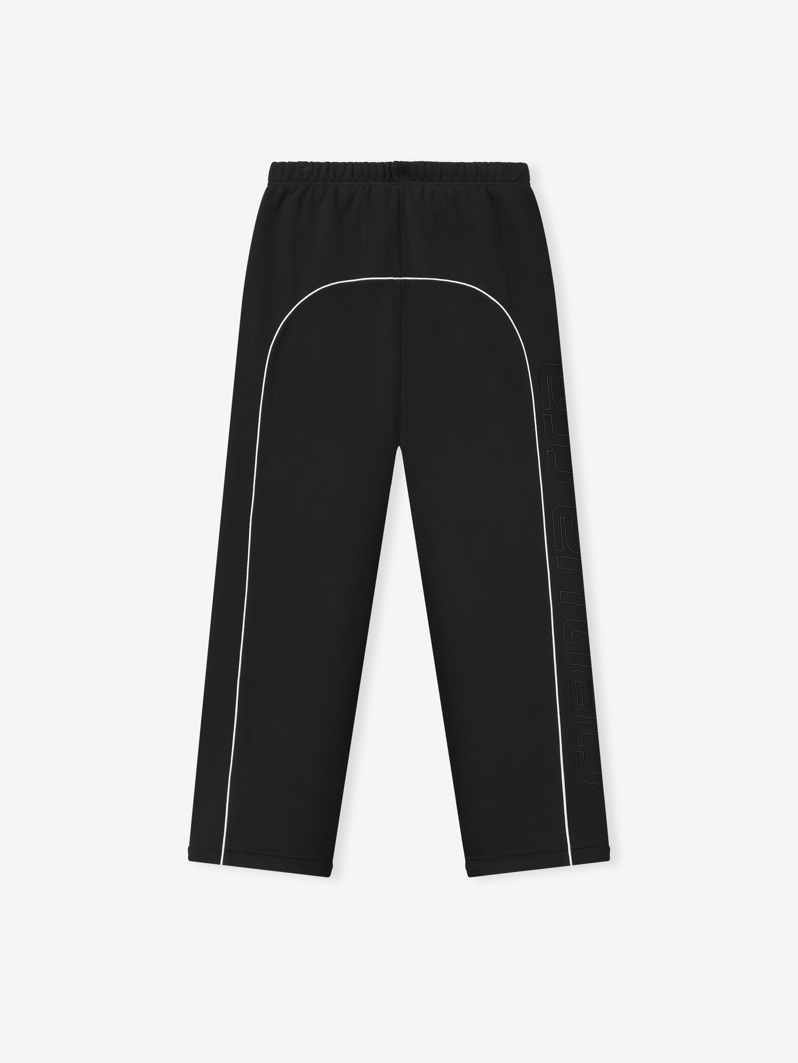 black baggy sweatpants with sportswear piping detail and subtle tonal embroidered Essentials logo on side leg