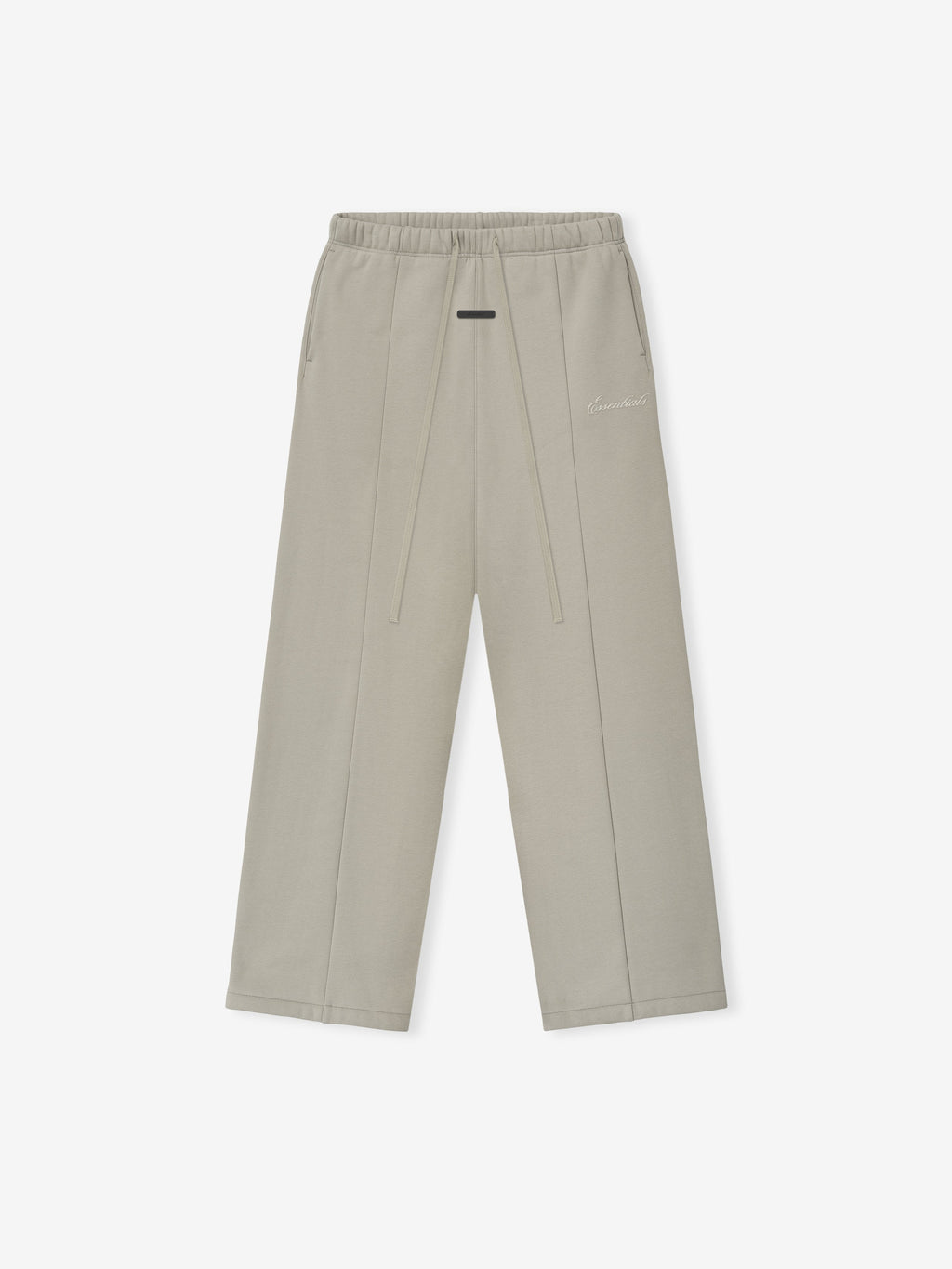 Grey pants on a white background with a white emboridered "Essentials" signature logo.