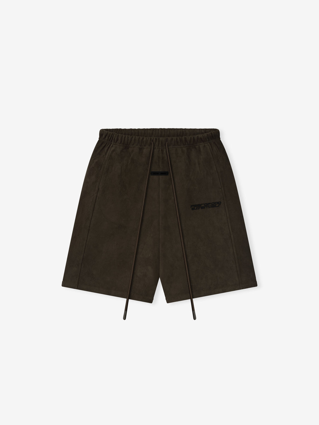 Overhead view of brown Suede Fleece Relaxed Short with long drawstrings and subtle logo on front right side panel