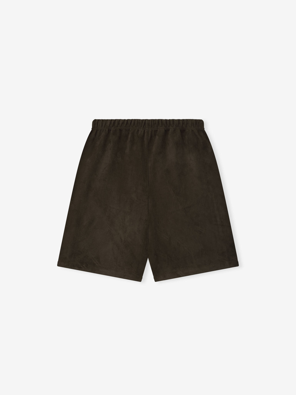 Top view of brown Suede Fleece Relaxed Short laid flat showing elastic waistband and smooth suede texture