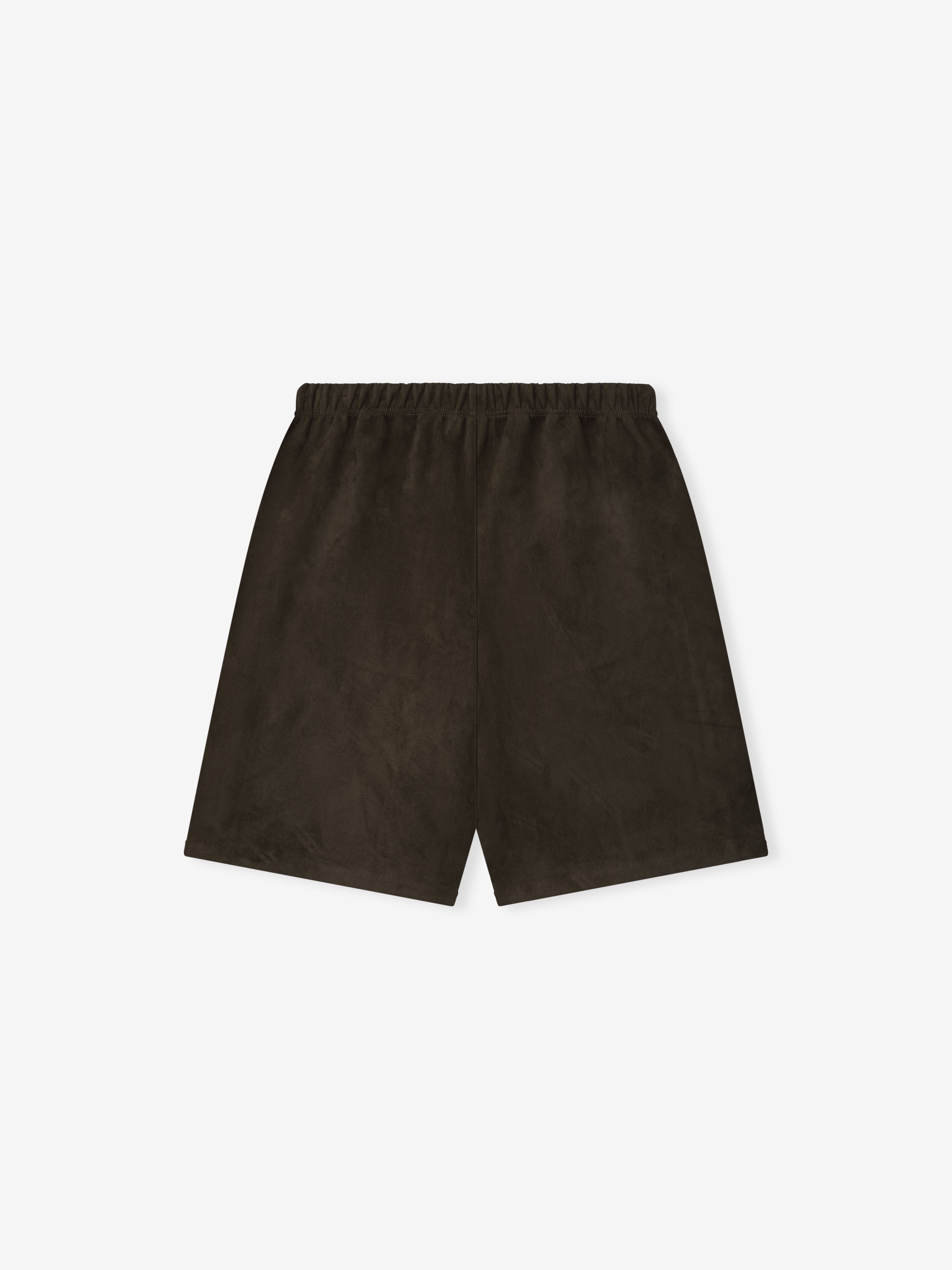 Top view of brown Suede Fleece Relaxed Short laid flat showing elastic waistband and smooth suede texture