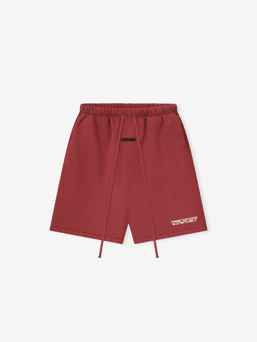 Front view of crimson relaxed sweatshort with extended drawstrings and logo detail near hem on white background