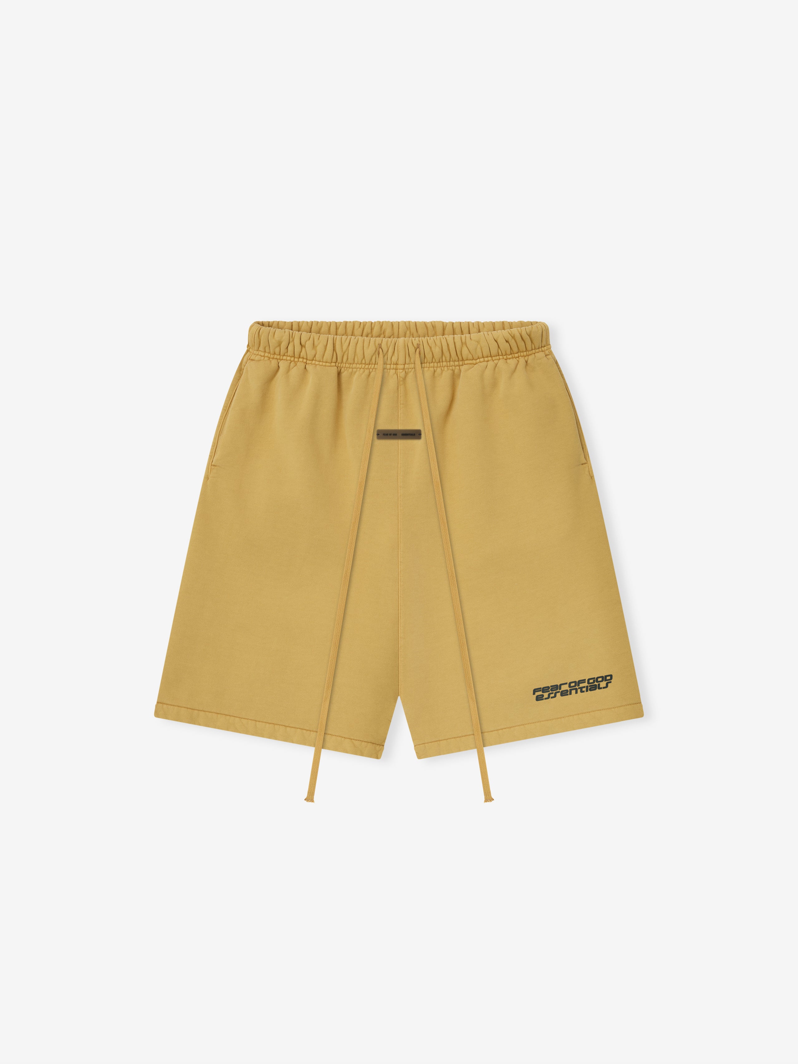 Front view of relaxed sweatshorts in canyon color with extended drawstrings and logo patch near hem on white background