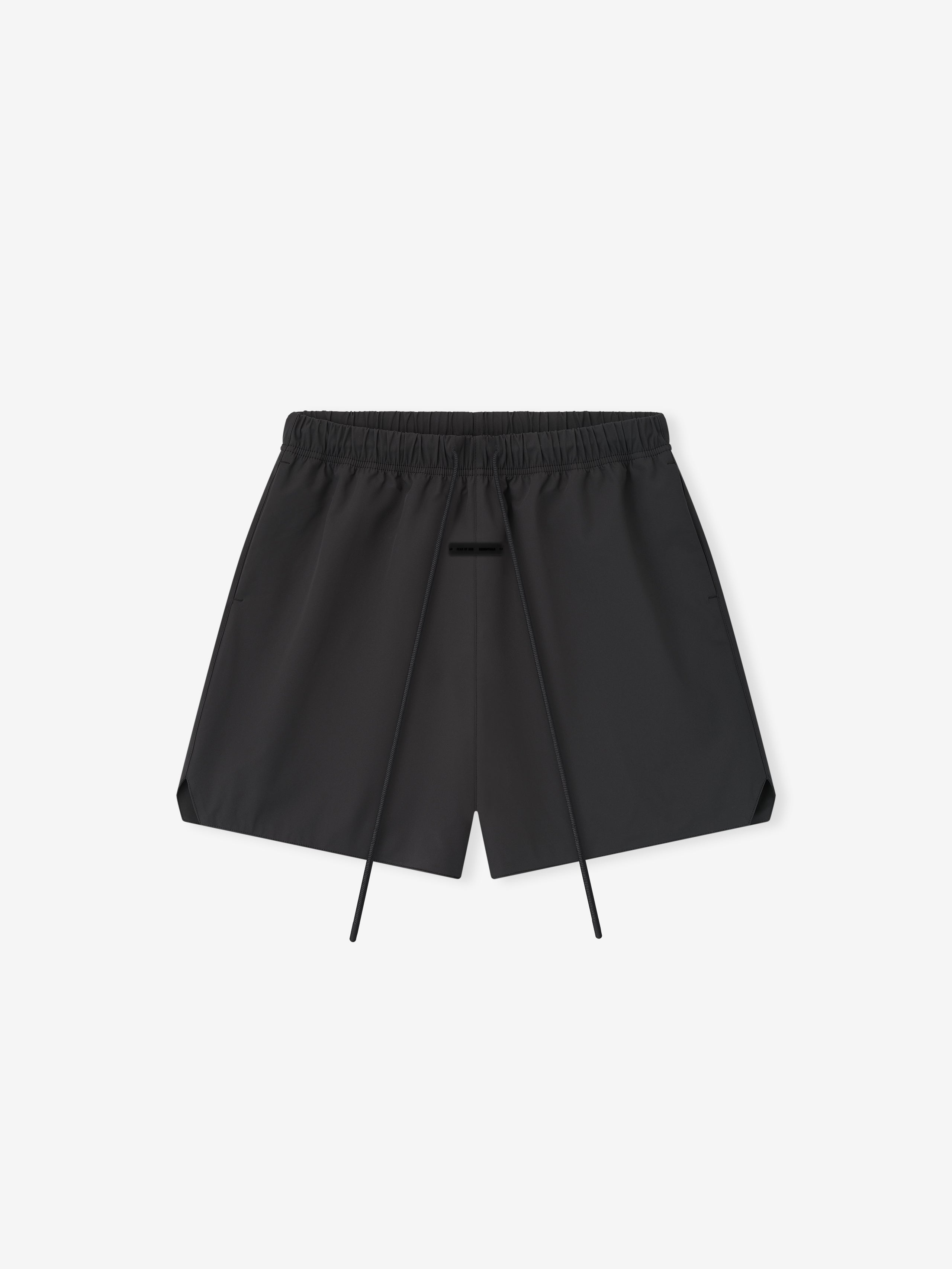 Top-down view of vintage black Tech Nylon Classic Short with extended drawstrings and elastic waistband on plain background