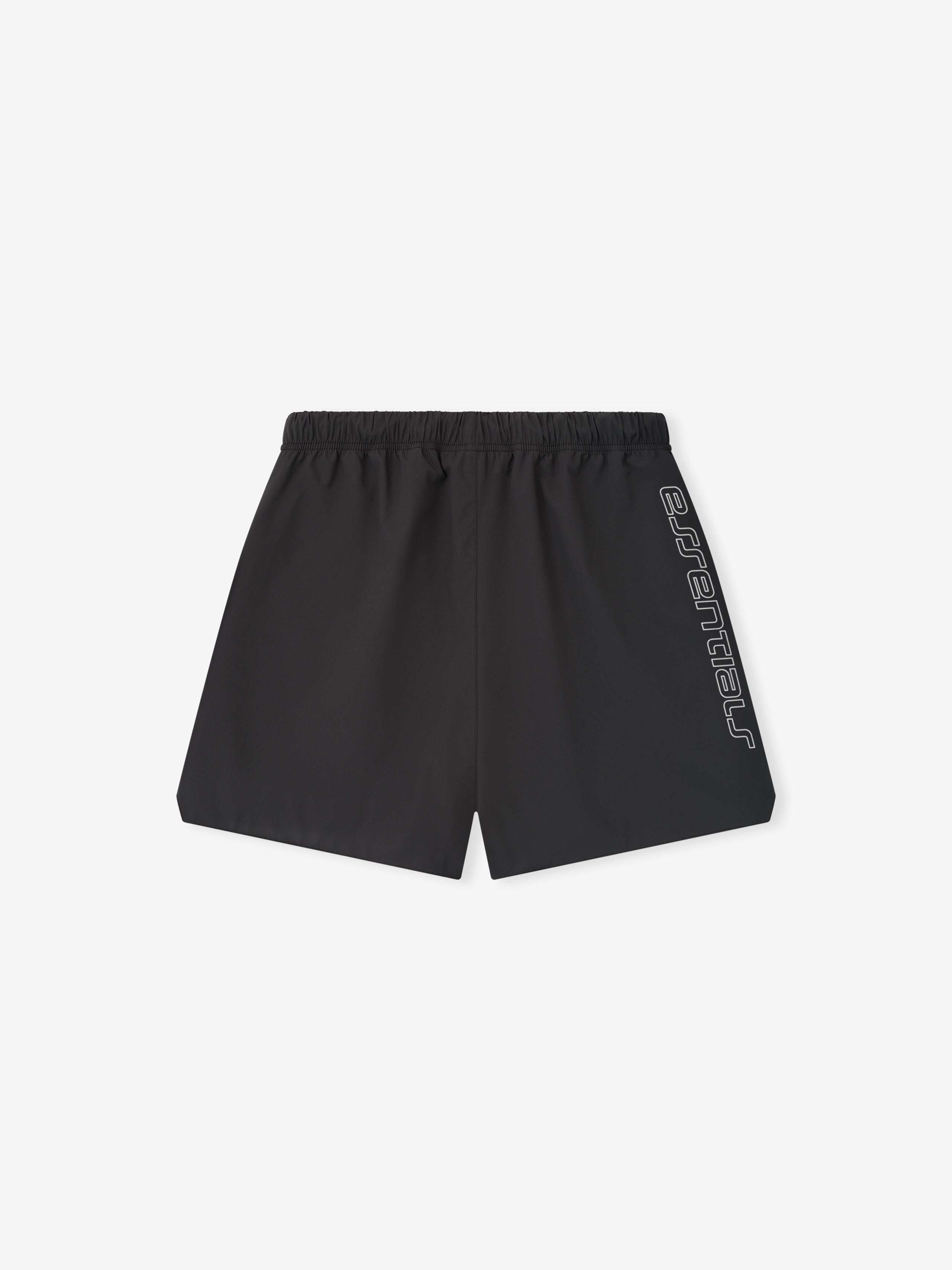 Back view of vintage black Tech Nylon Classic Short with elastic waistband and tonal Essentials print on side panel