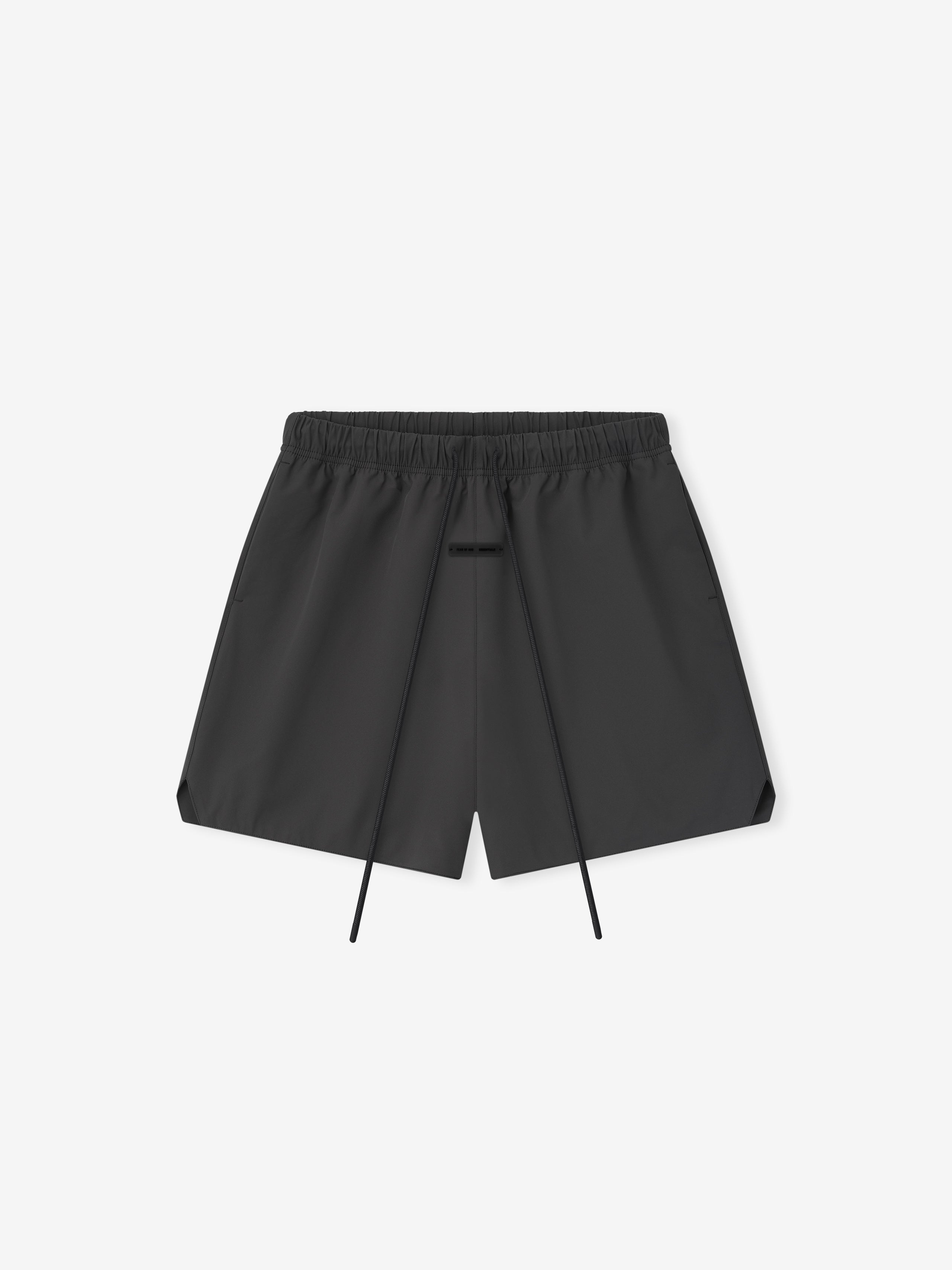 Flat lay of iron grey Tech Nylon Classic Short front view with elastic waistband and extended drawstring detail