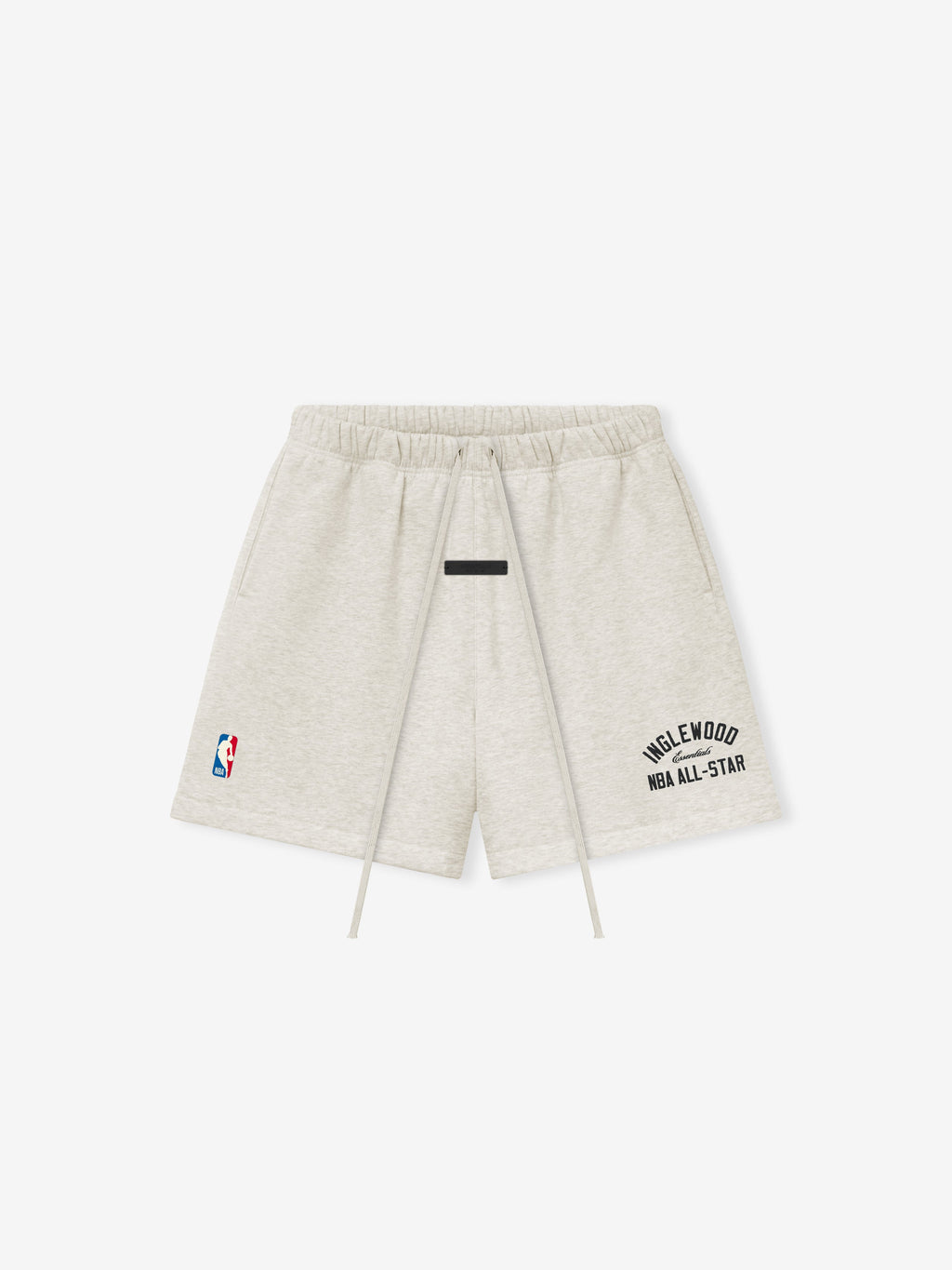 light grey heavyweight cotton fleece shorts with elastic waistband, drawstrings, and puff-printed Inglewood NBA All-Star logo
