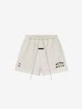 light grey heavyweight cotton fleece shorts with elastic waistband, drawstrings, and puff-printed Inglewood NBA All-Star logo
